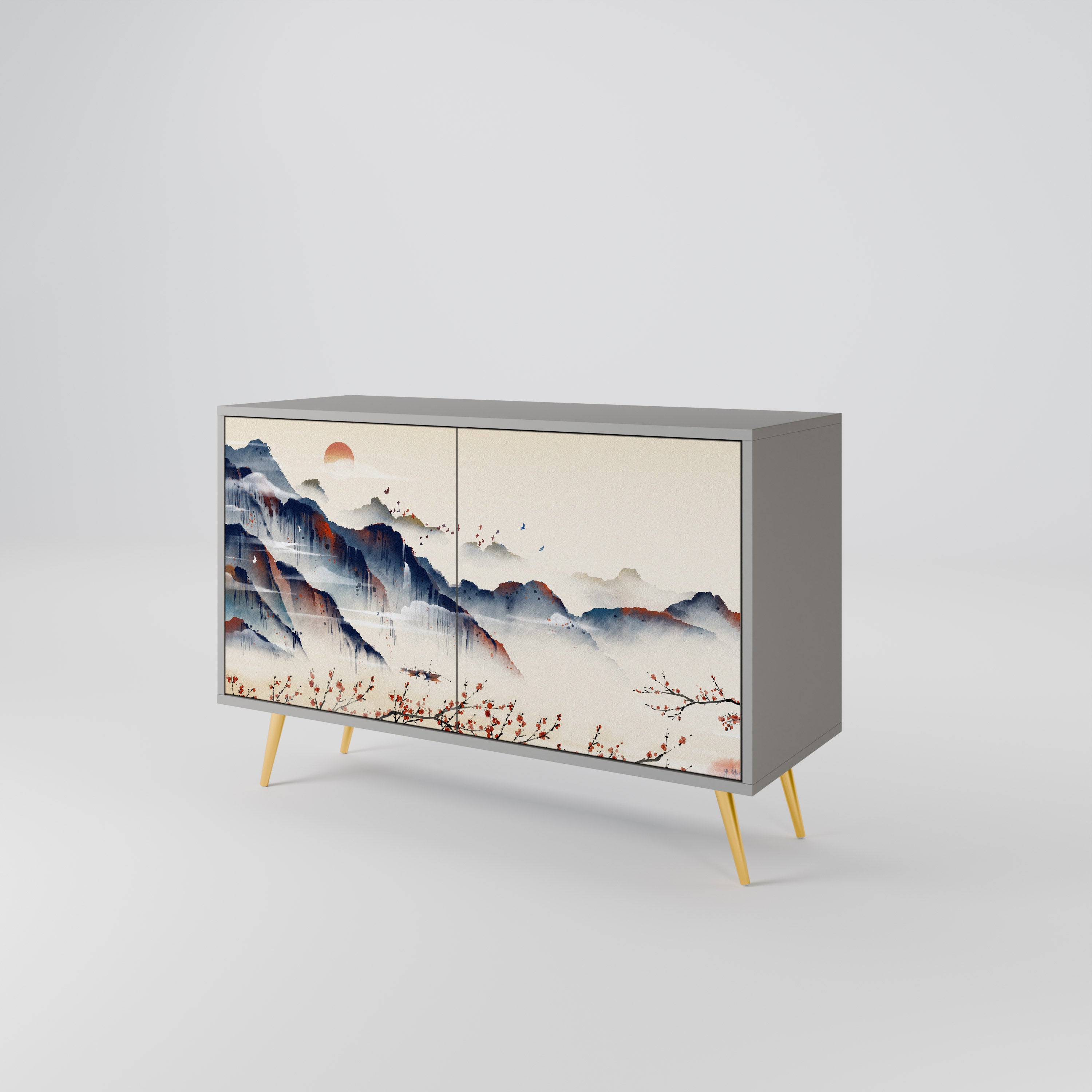 Aparador de 2 puertas con diseño de paisaje japonés en acabado gris