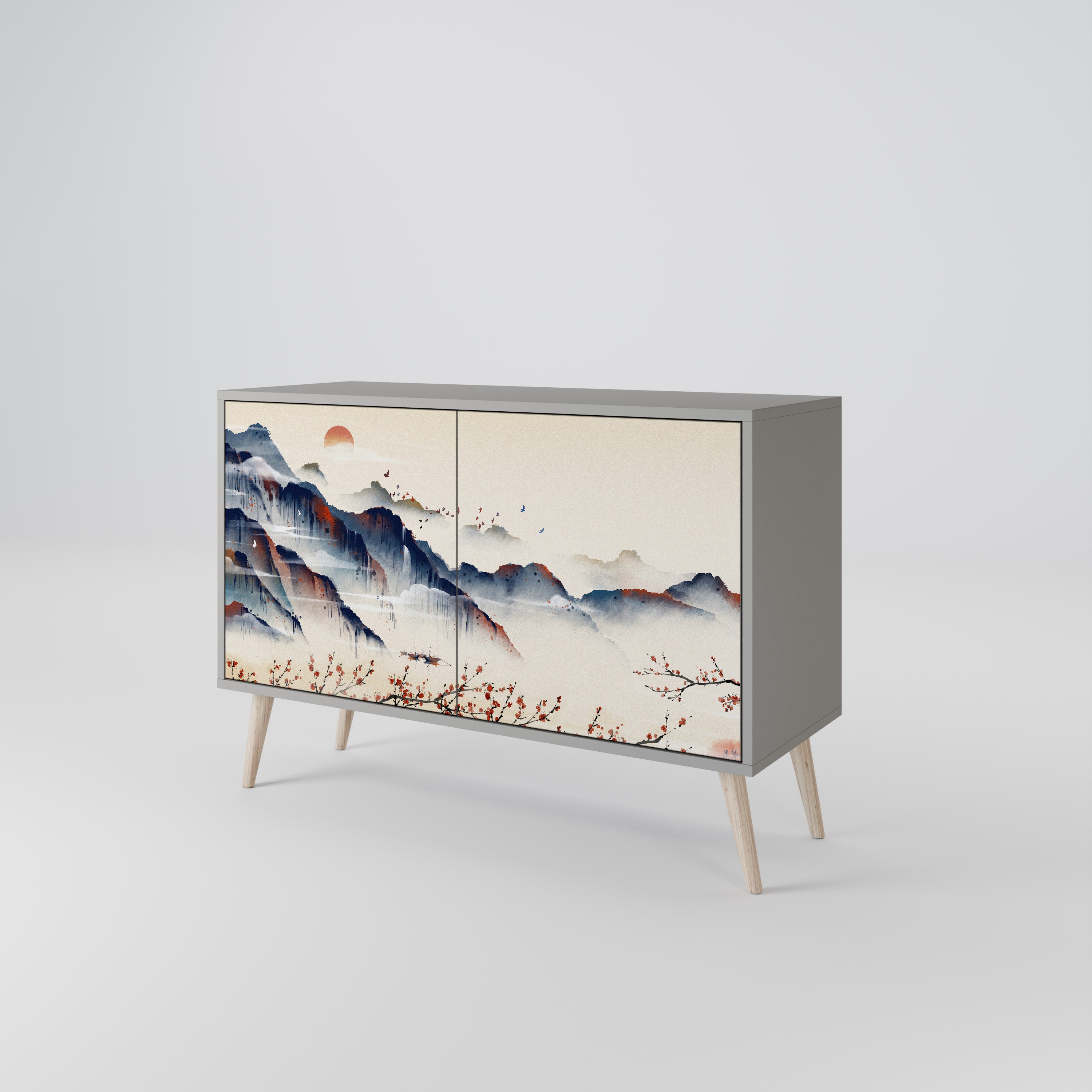 Aparador de 2 puertas con diseño de paisaje japonés en acabado gris