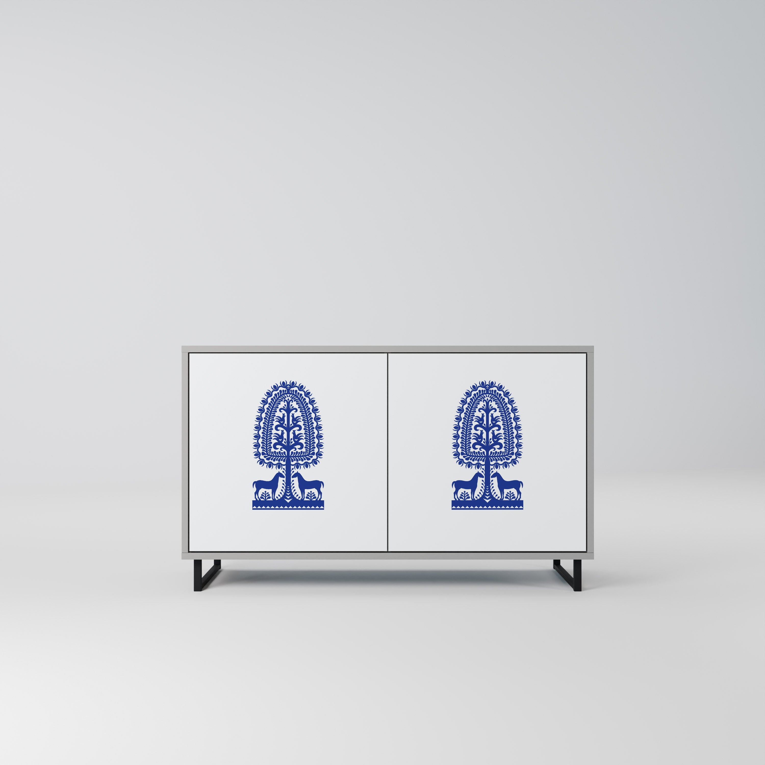 Aparador de 2 puertas de arte popular polaco con acabado gris