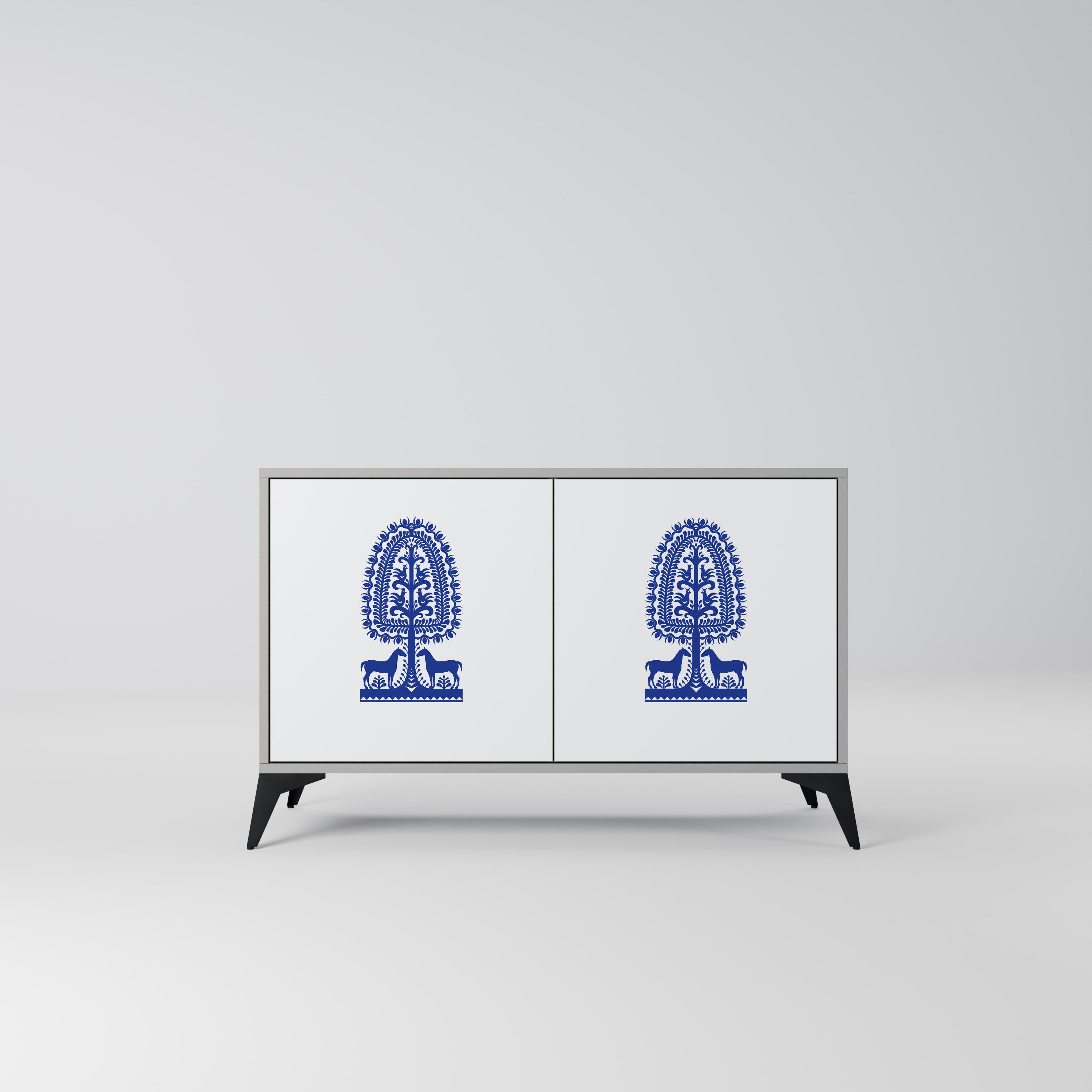 Aparador de 2 puertas de arte popular polaco con acabado gris