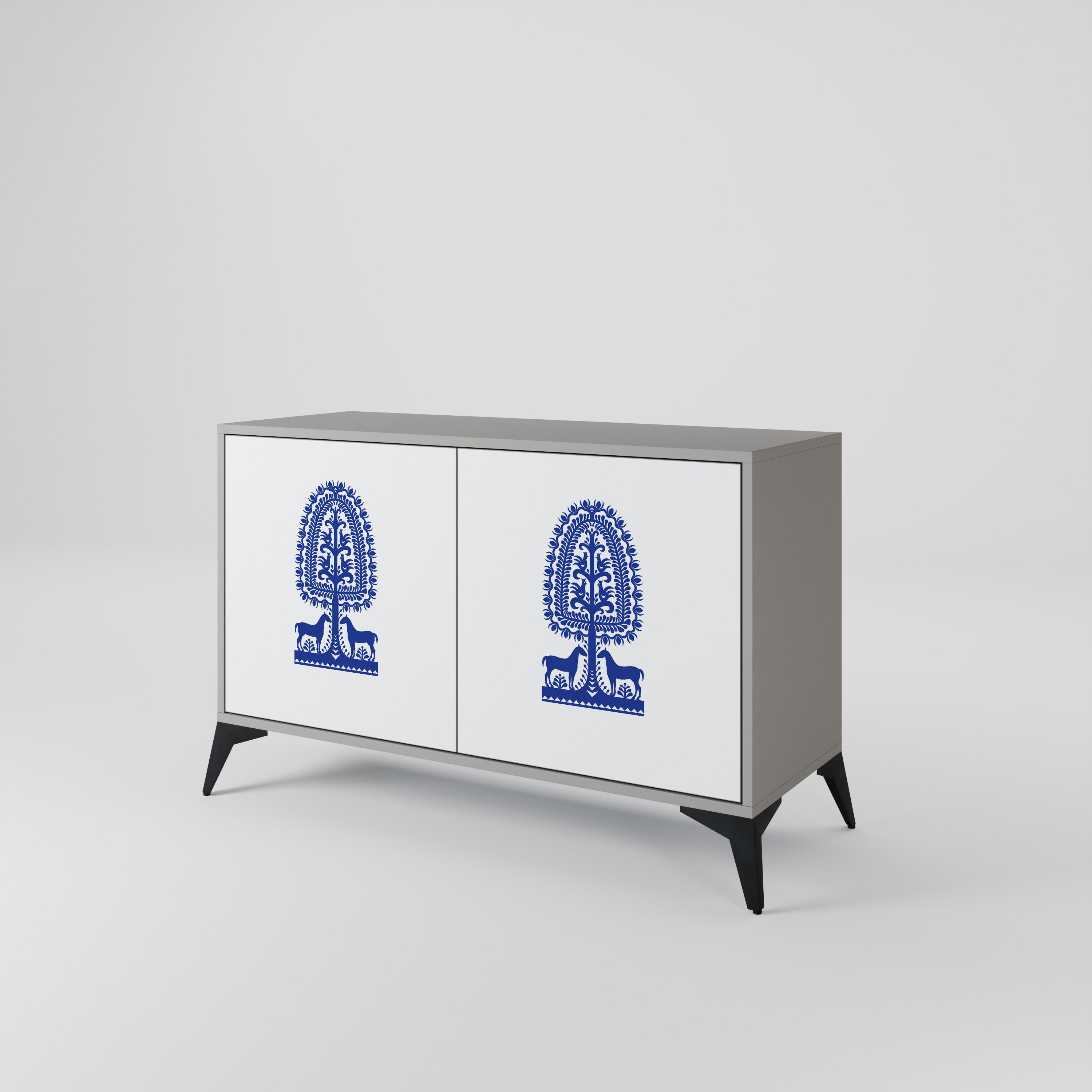 Aparador de 2 puertas de arte popular polaco con acabado gris