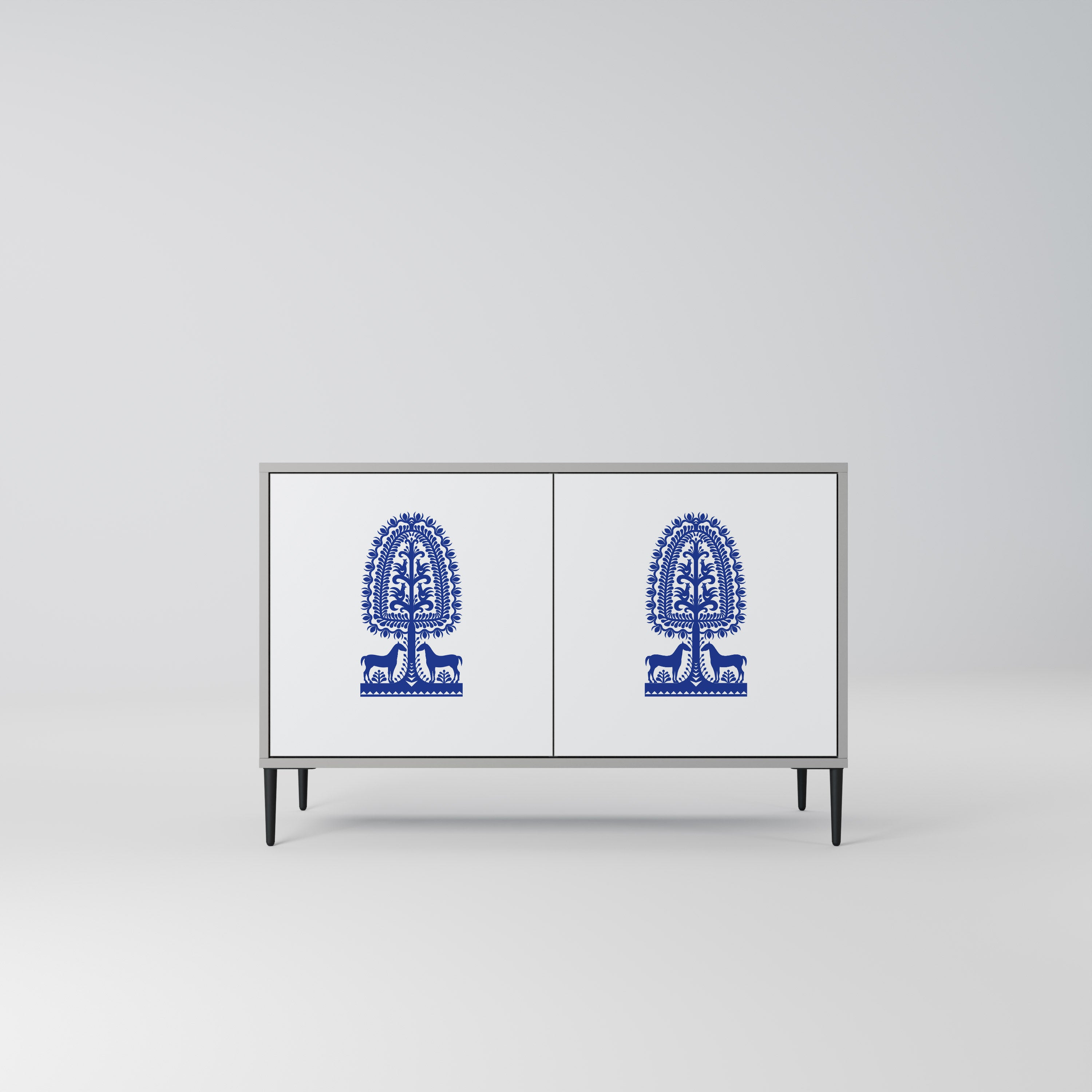 Aparador de 2 puertas de arte popular polaco con acabado gris