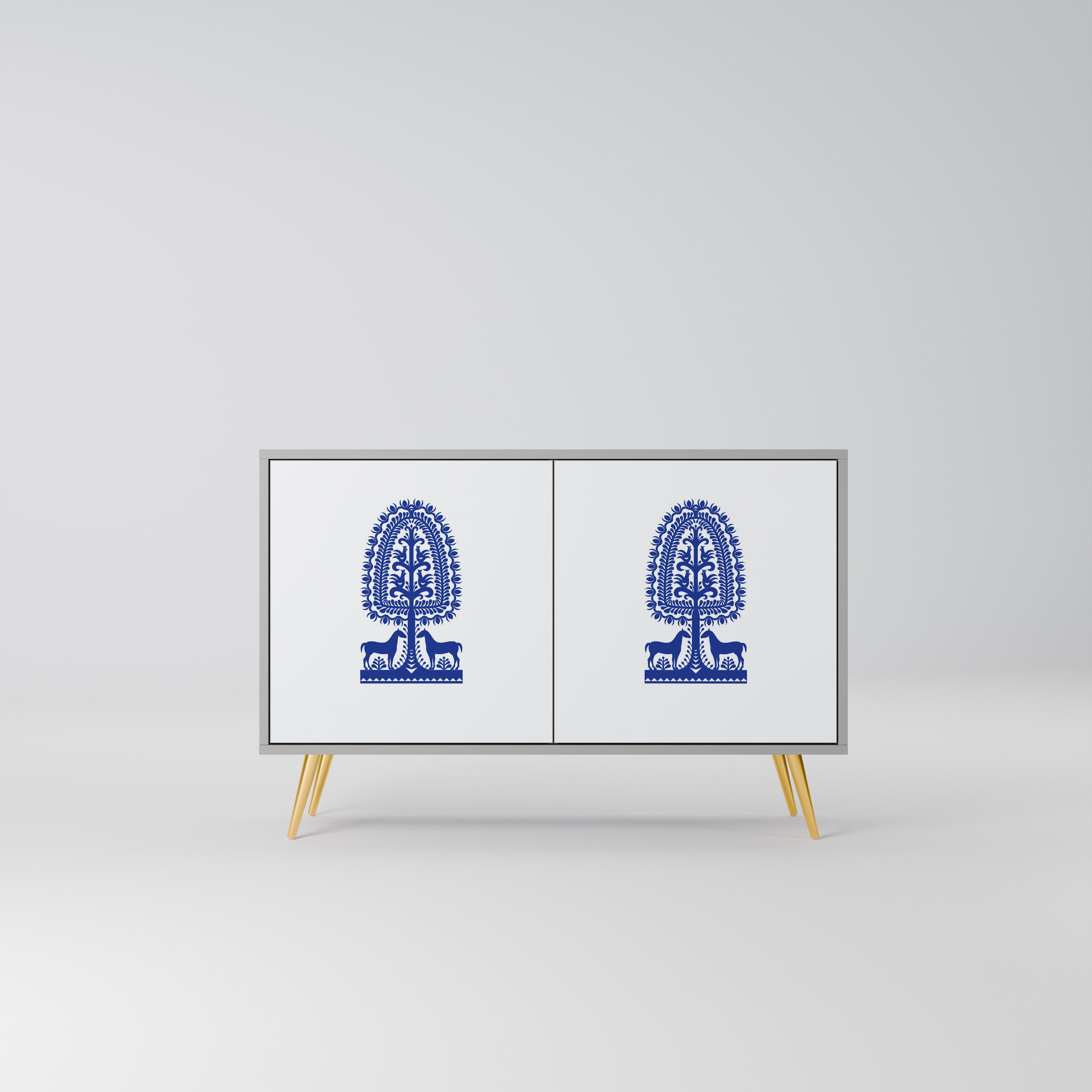 Aparador de 2 puertas de arte popular polaco con acabado gris