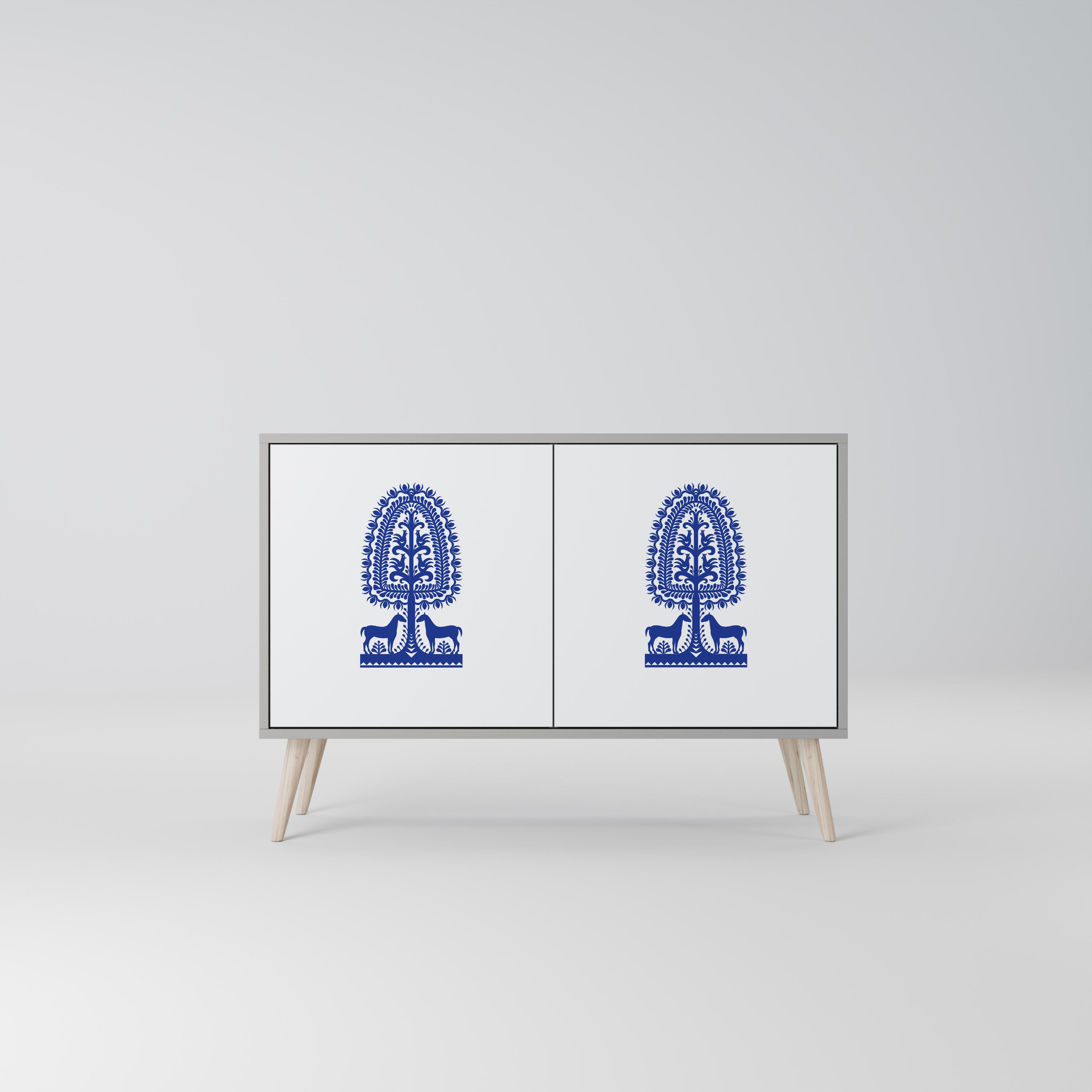 Aparador de 2 puertas de arte popular polaco con acabado gris