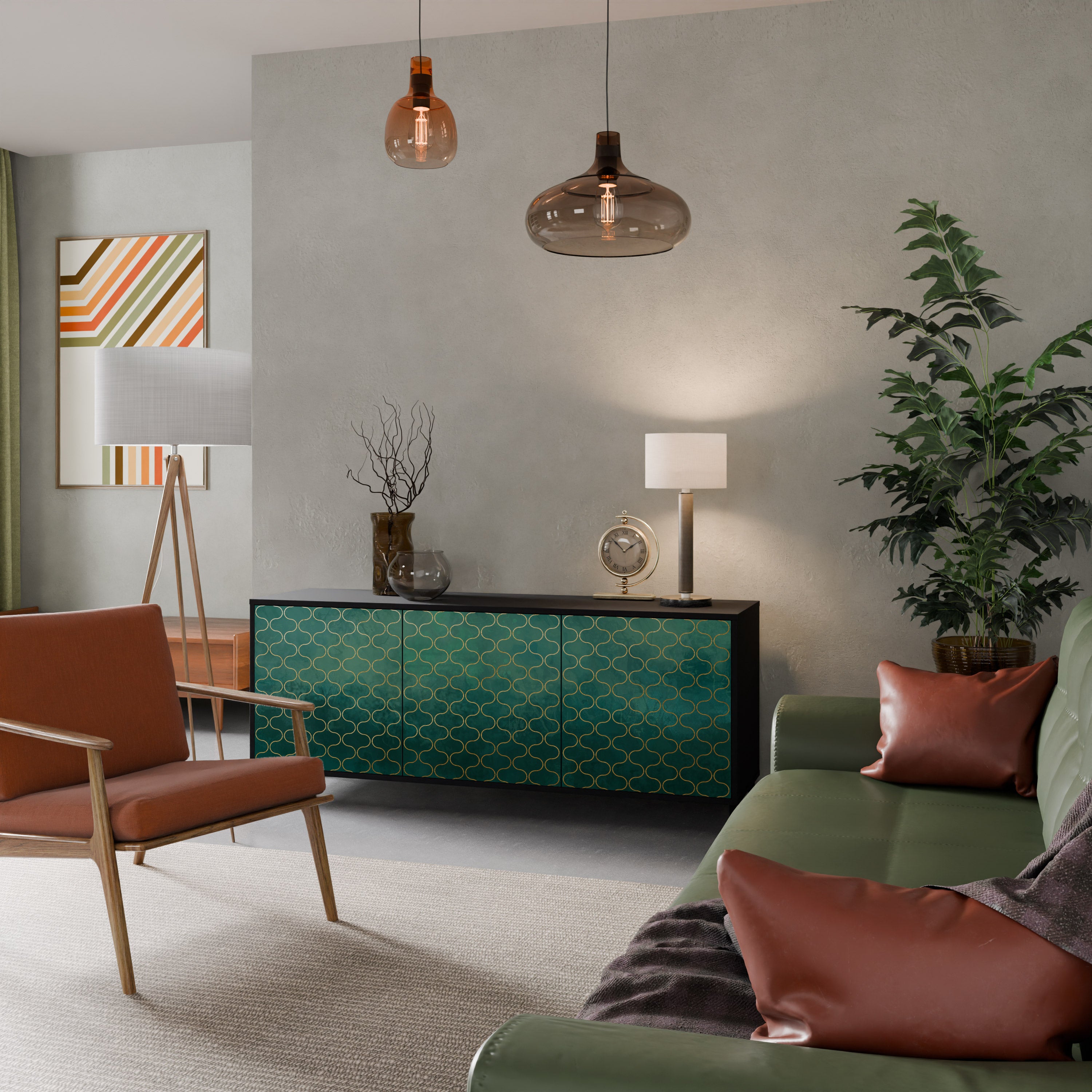 TESSELATED GREENERY 3-Door Sideboard in Black Finish