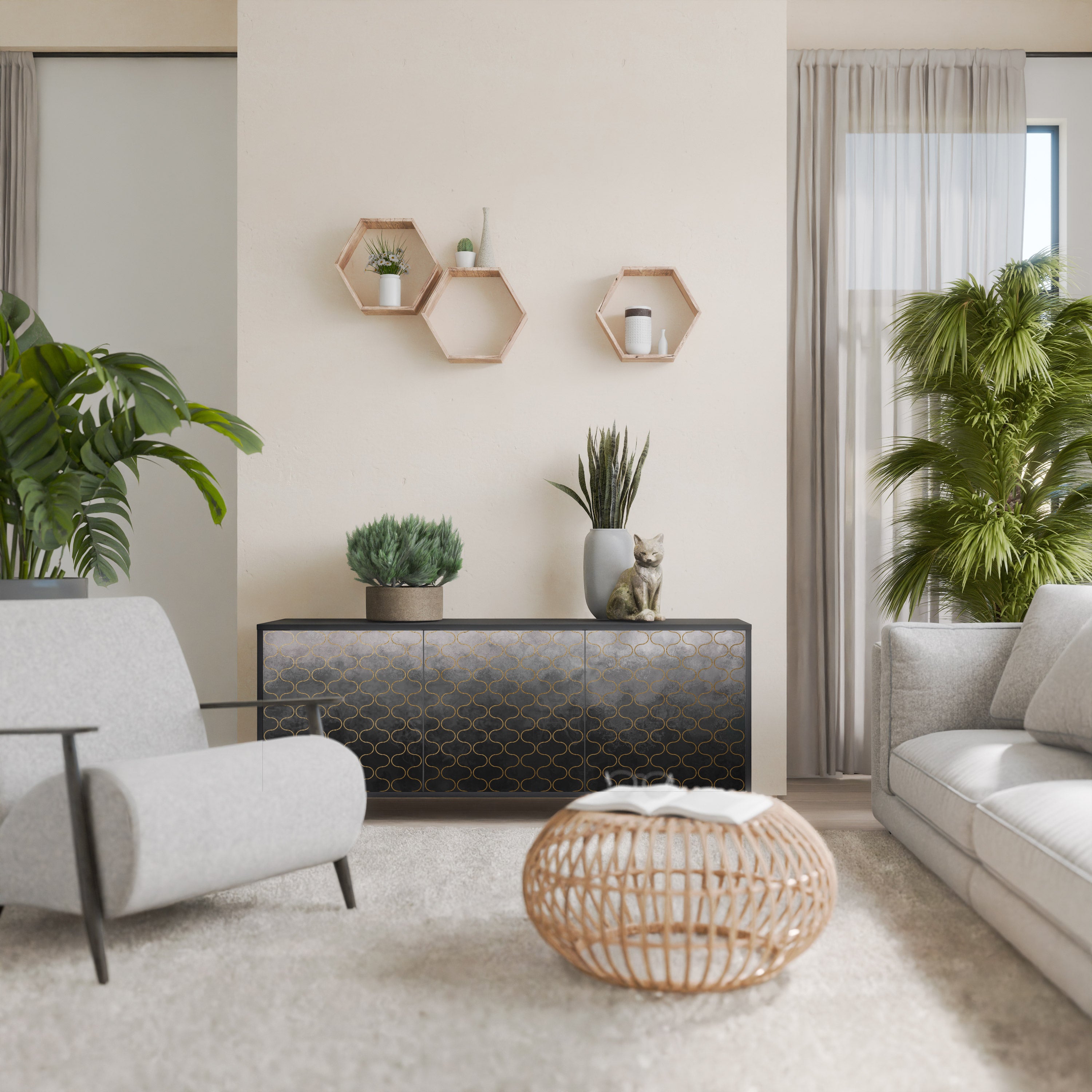 TESSELATED GRAYISH 3-Door Sideboard in Black Finish