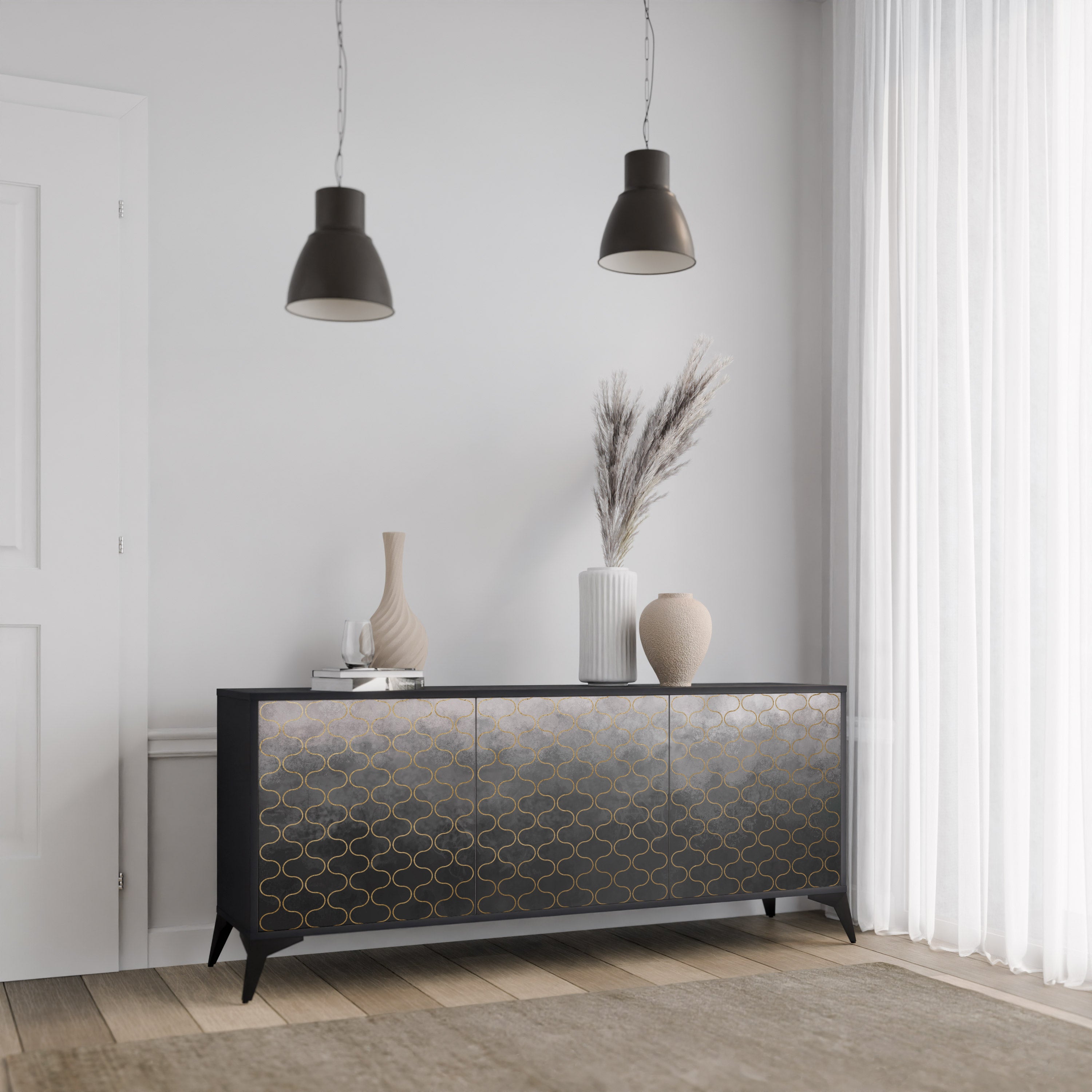 TESSELATED GRAYISH 3-Door Sideboard in Black Finish