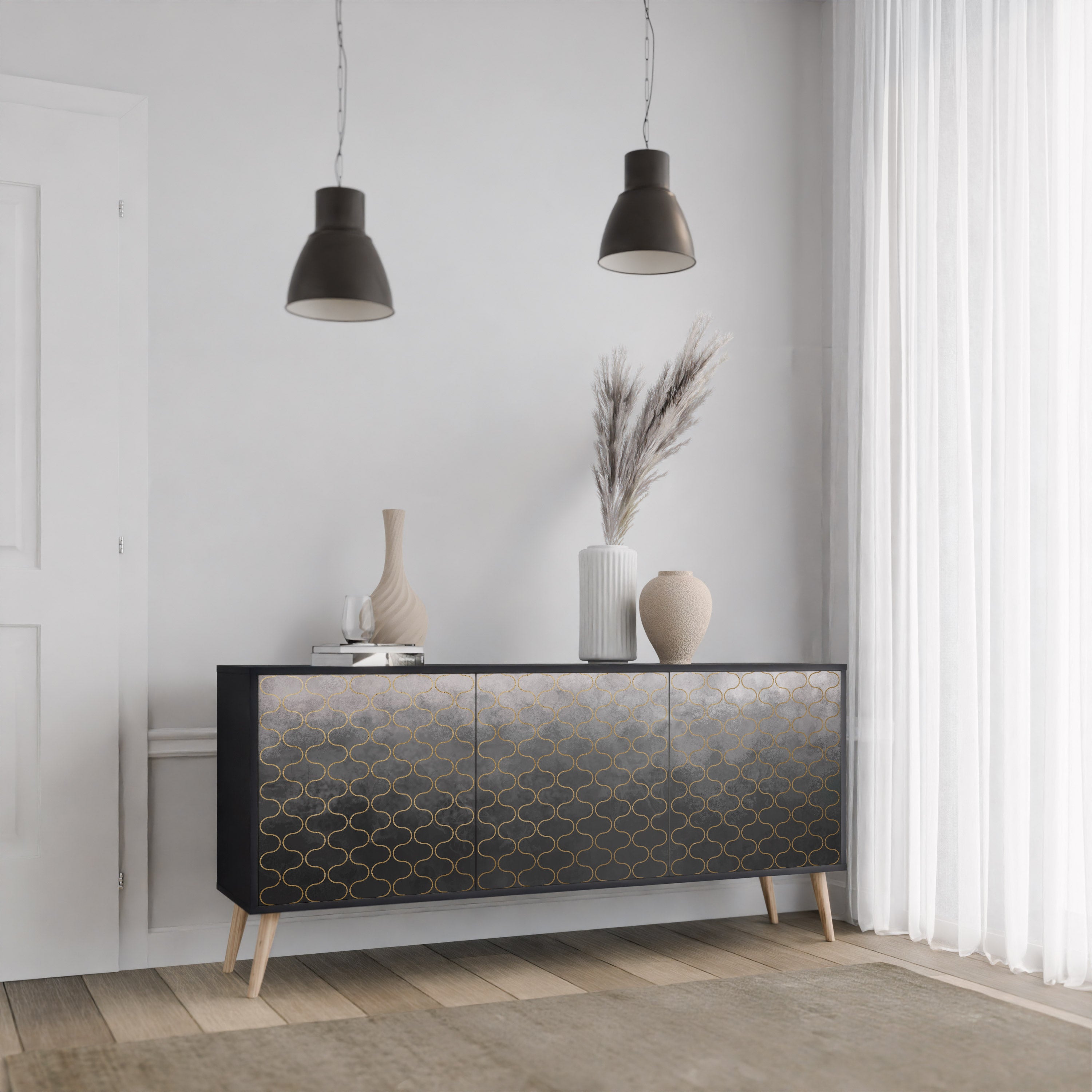 TESSELATED GRAYISH 3-Door Sideboard in Black Finish