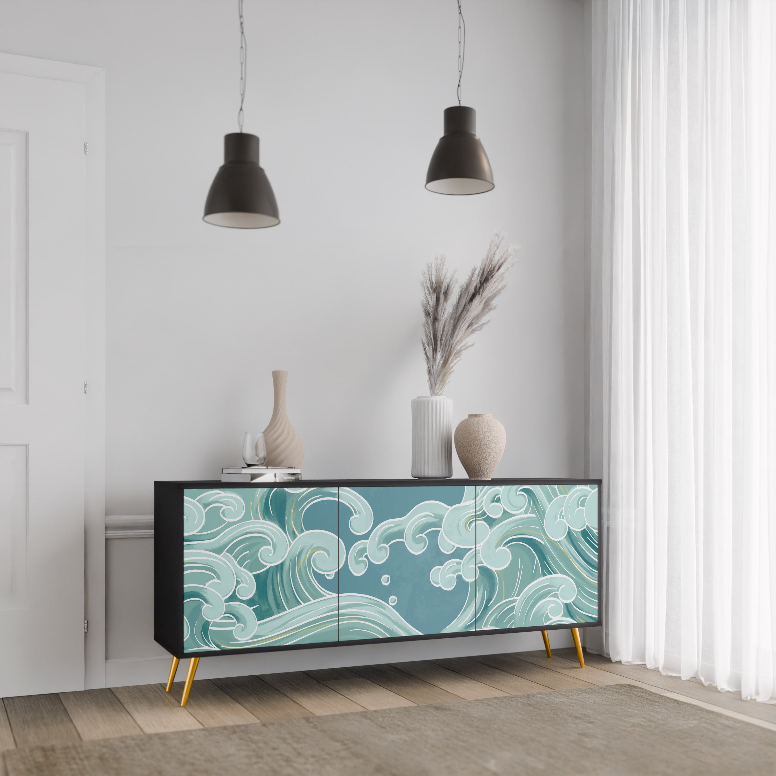 ASIAN SWAY 3-Door Sideboard in Black Finish