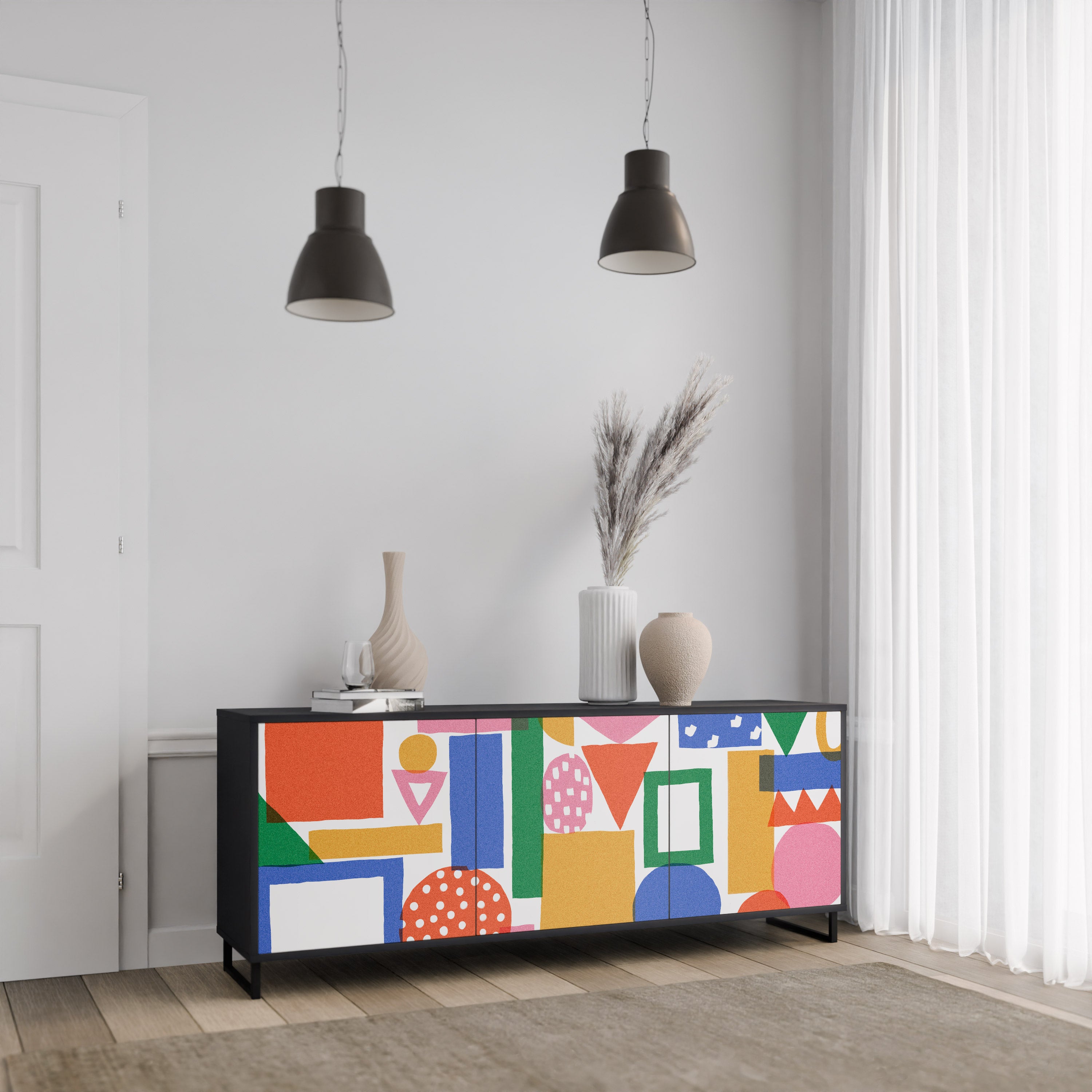 GEOMETRIC GLIMMER 3-Door Sideboard in Black Finish