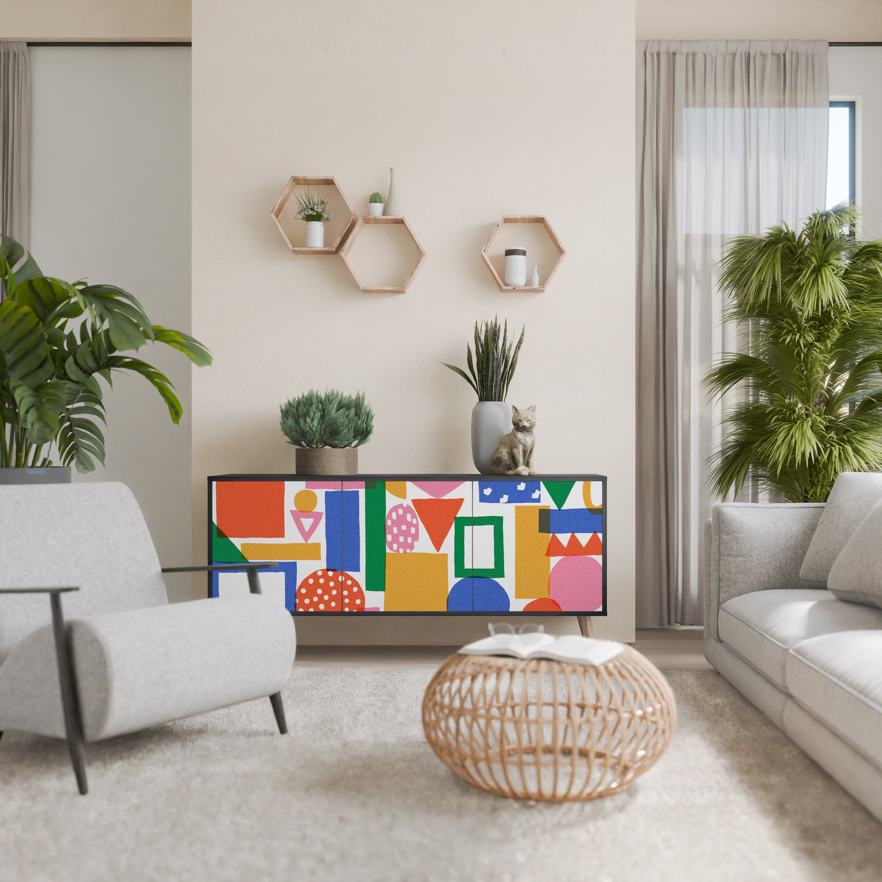 GEOMETRIC GLIMMER 3-Door Sideboard in Black Finish