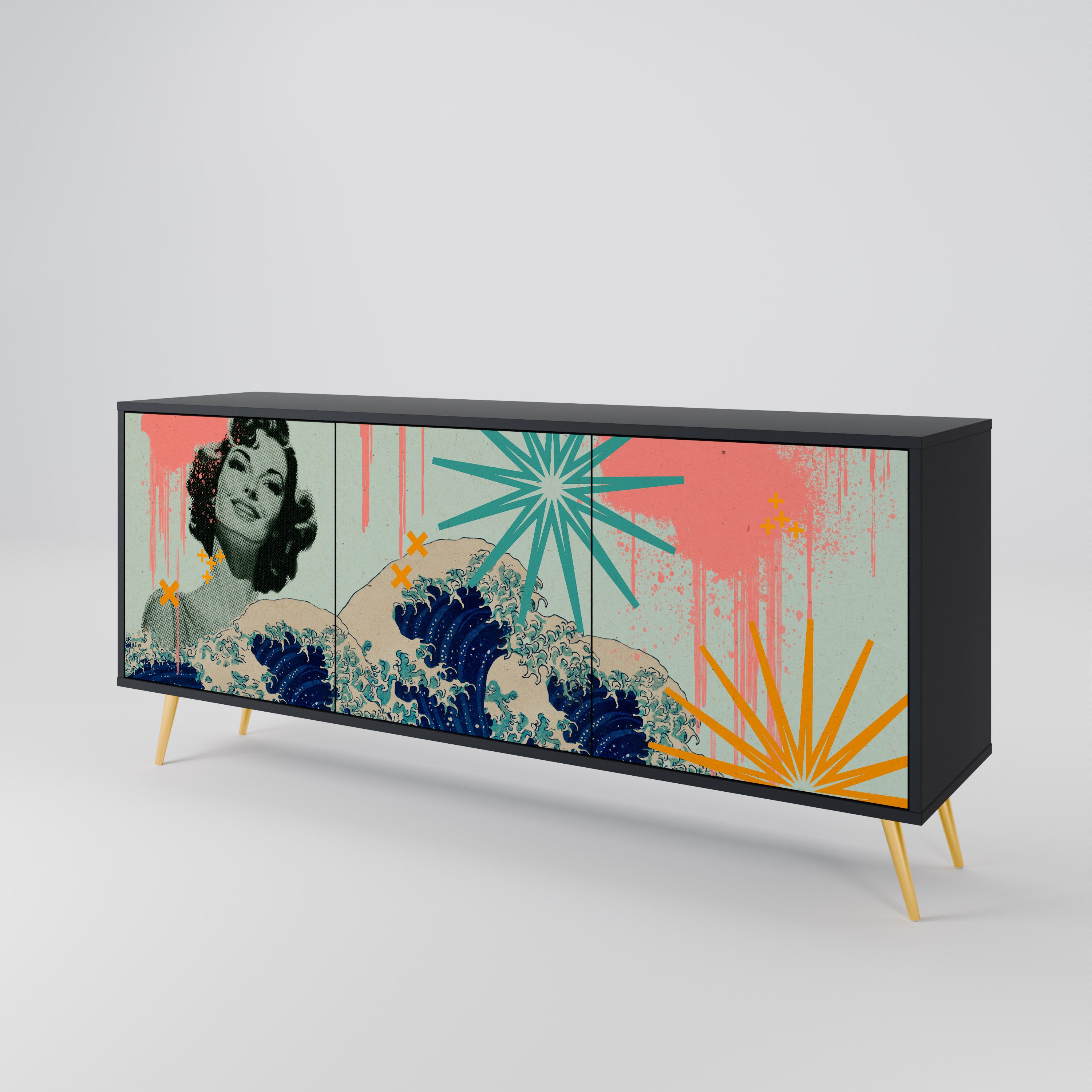 KANAGAWA BEAUTY 3-Door Sideboard in Black Finish