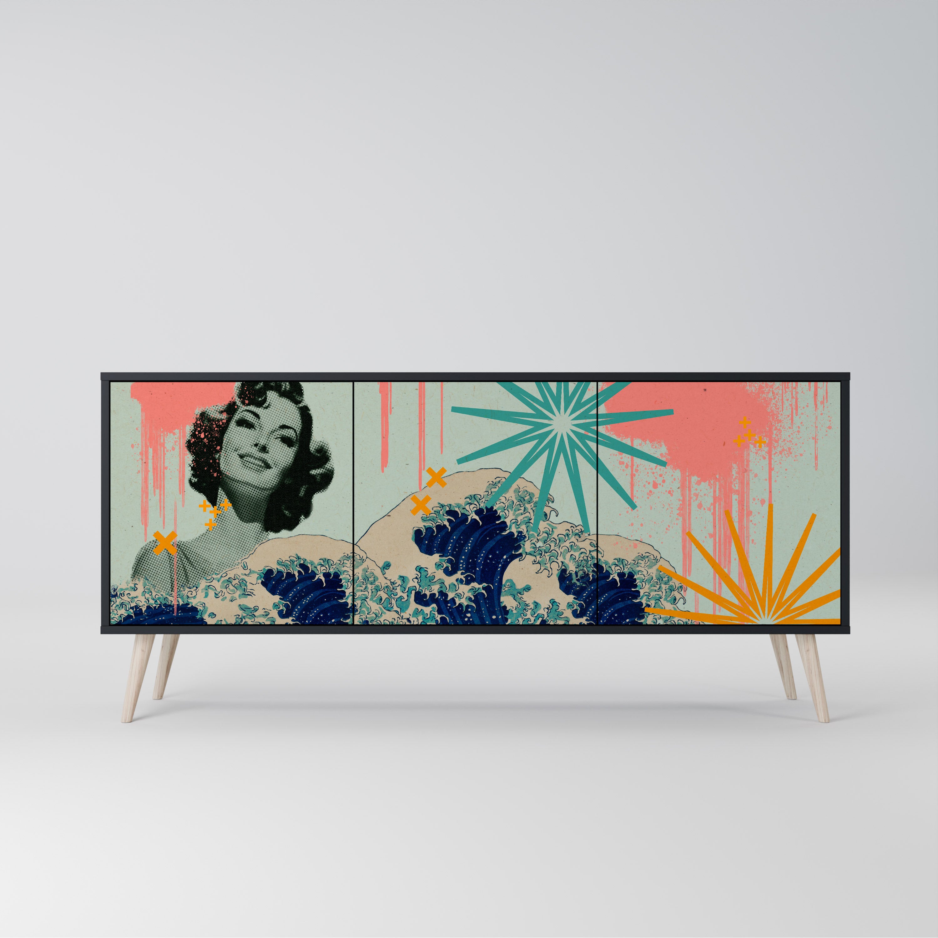 KANAGAWA BEAUTY 3-Door Sideboard in Black Finish