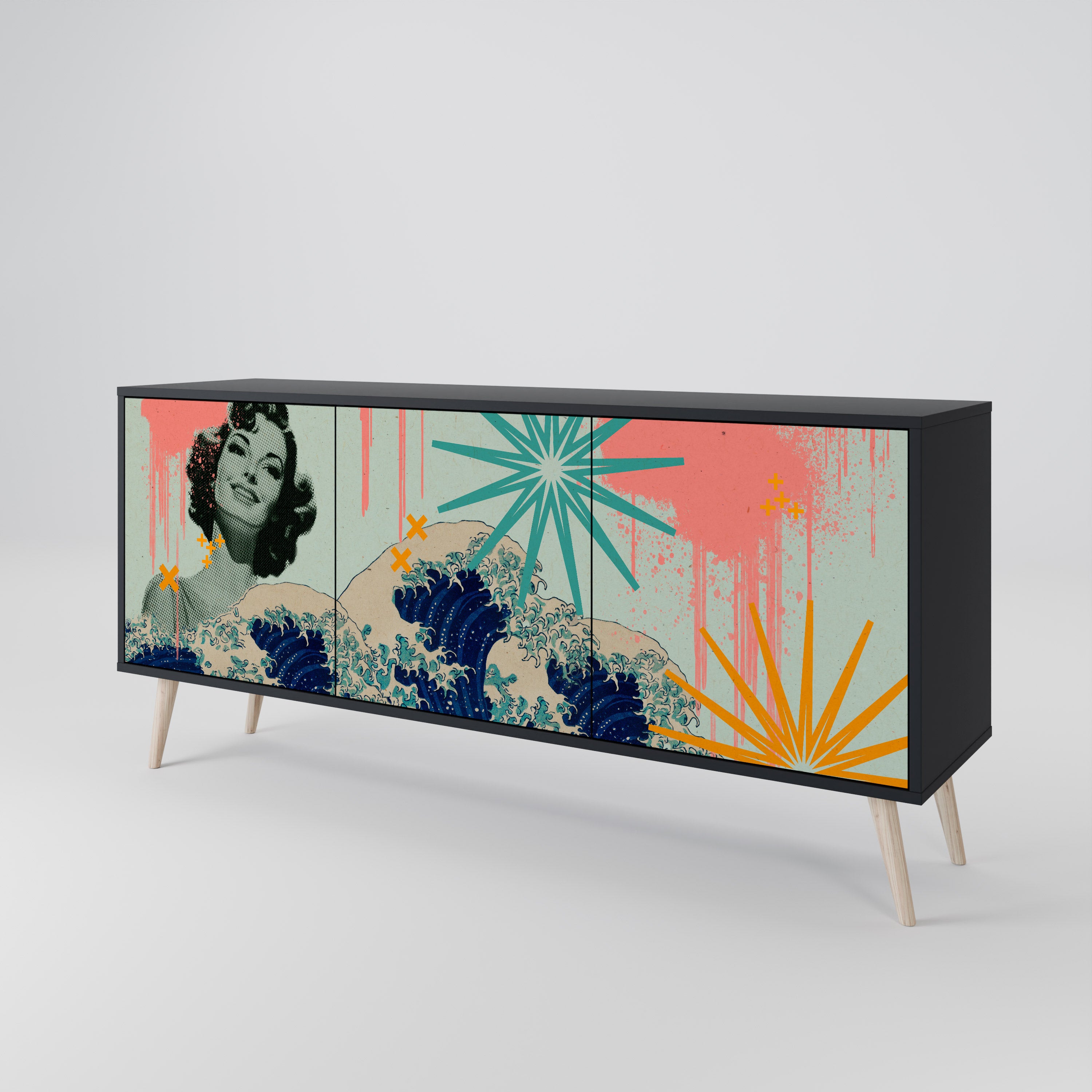 KANAGAWA BEAUTY 3-Door Sideboard in Black Finish