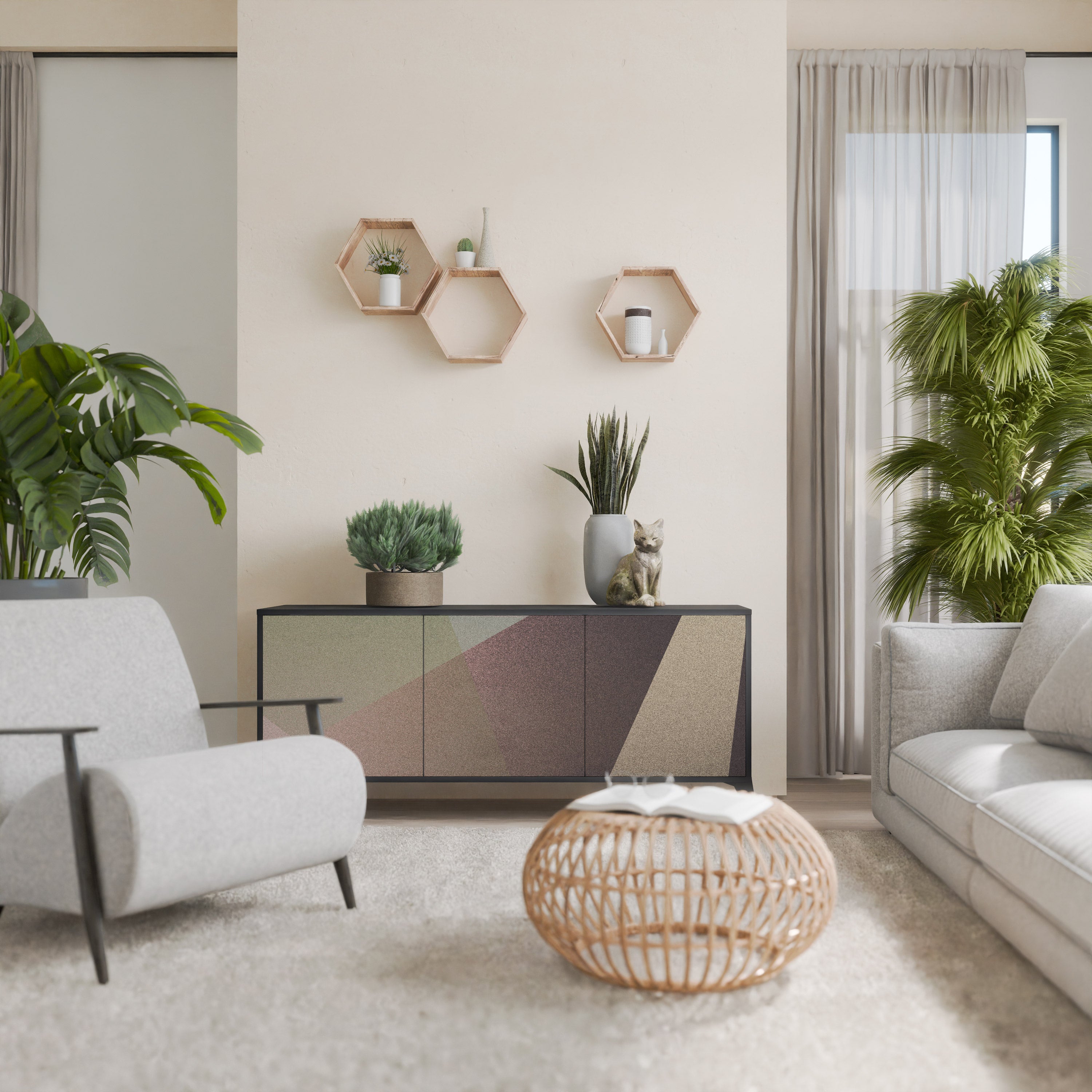 BEIGE GEOMETRY 3-Door Sideboard in Black Finish