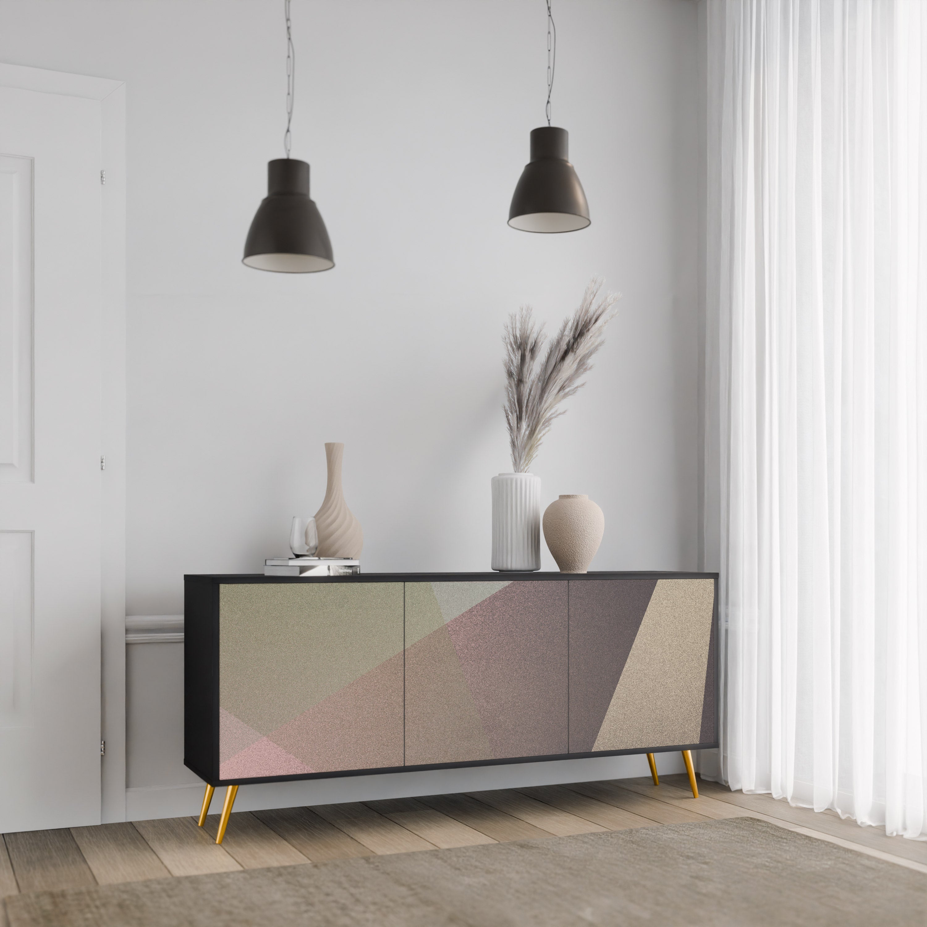 BEIGE GEOMETRY 3-Door Sideboard in Black Finish