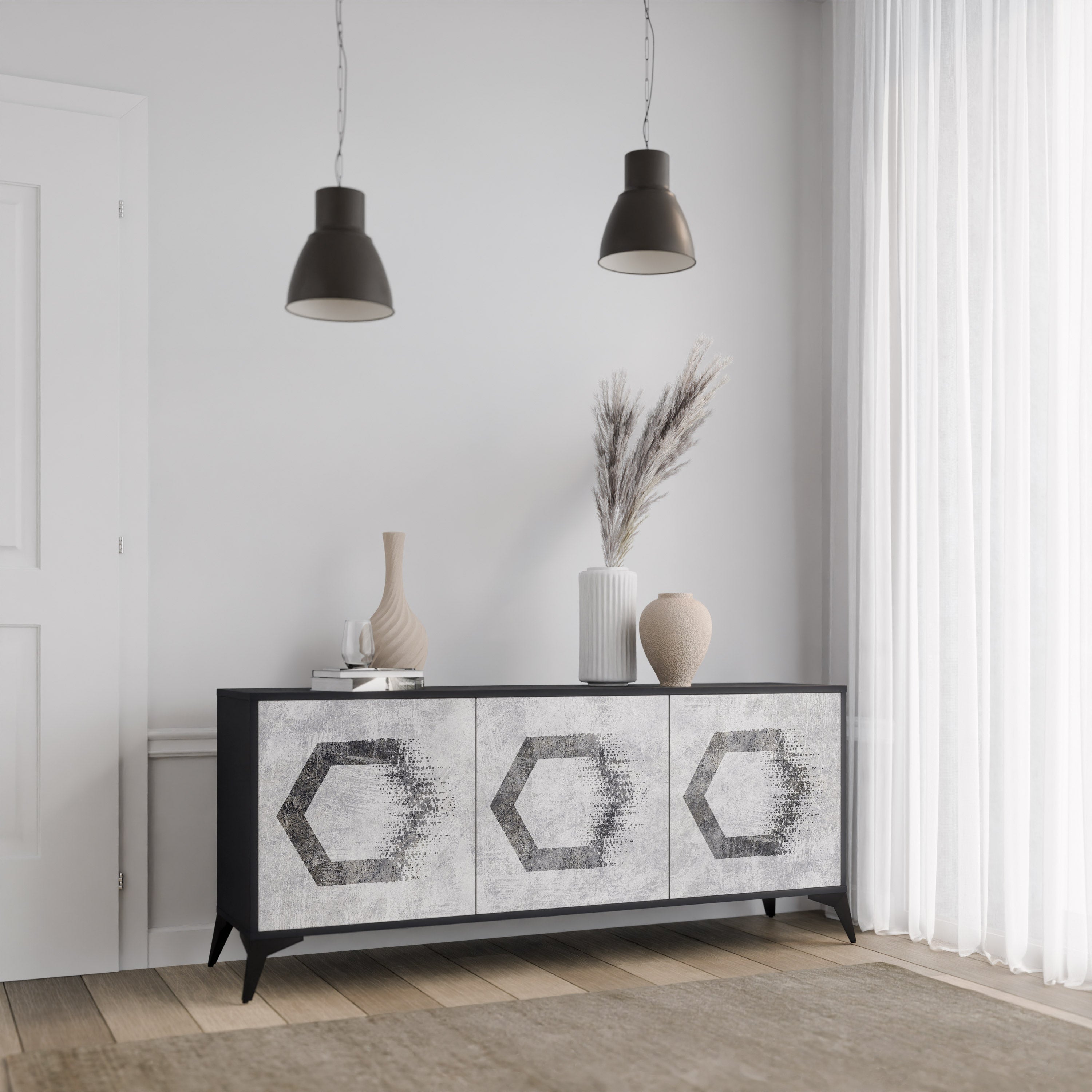 Aparador de 3 puertas con figuras hexagonales en acabado negro