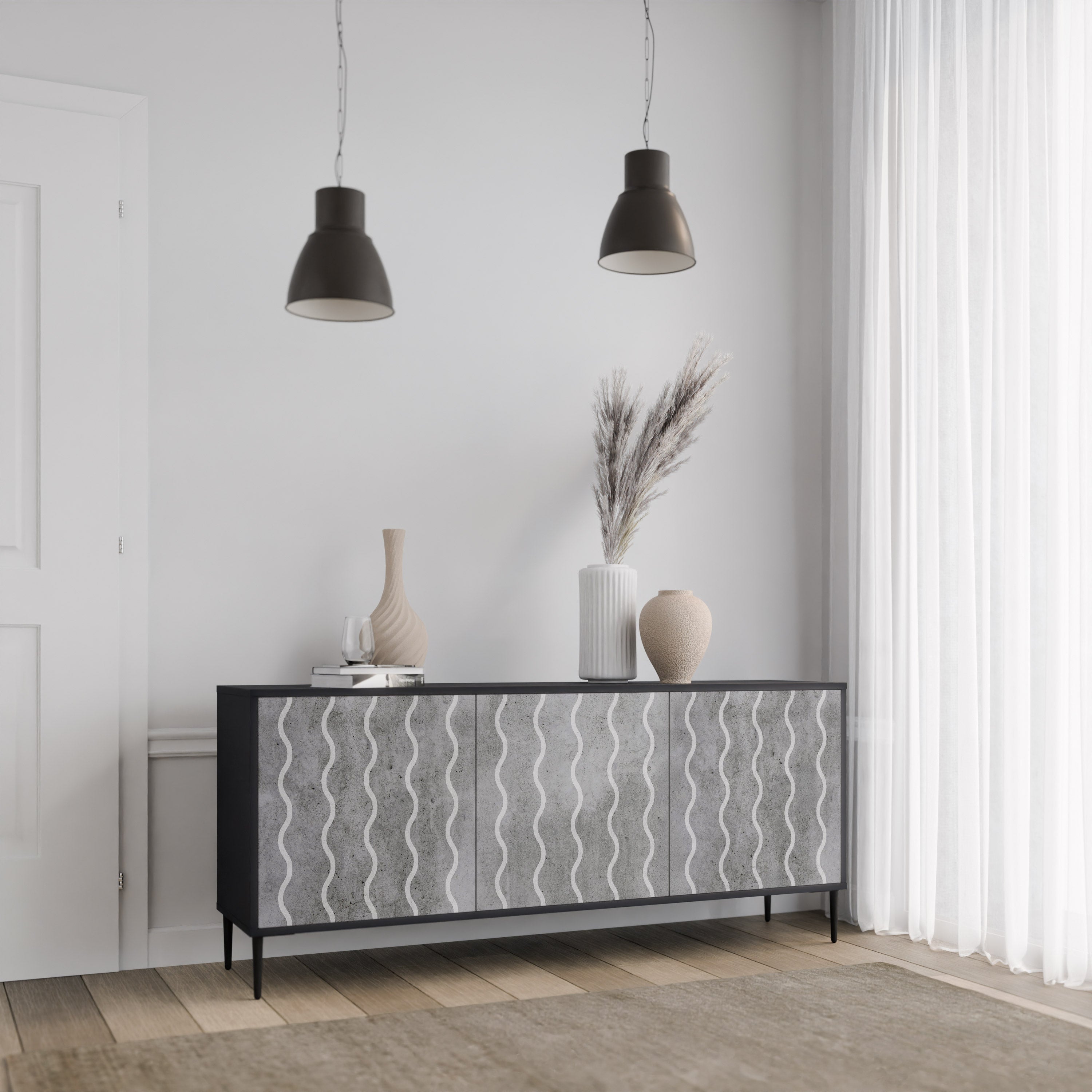 WAVES OF CONCRETE 3-Door Sideboard in Black Finish