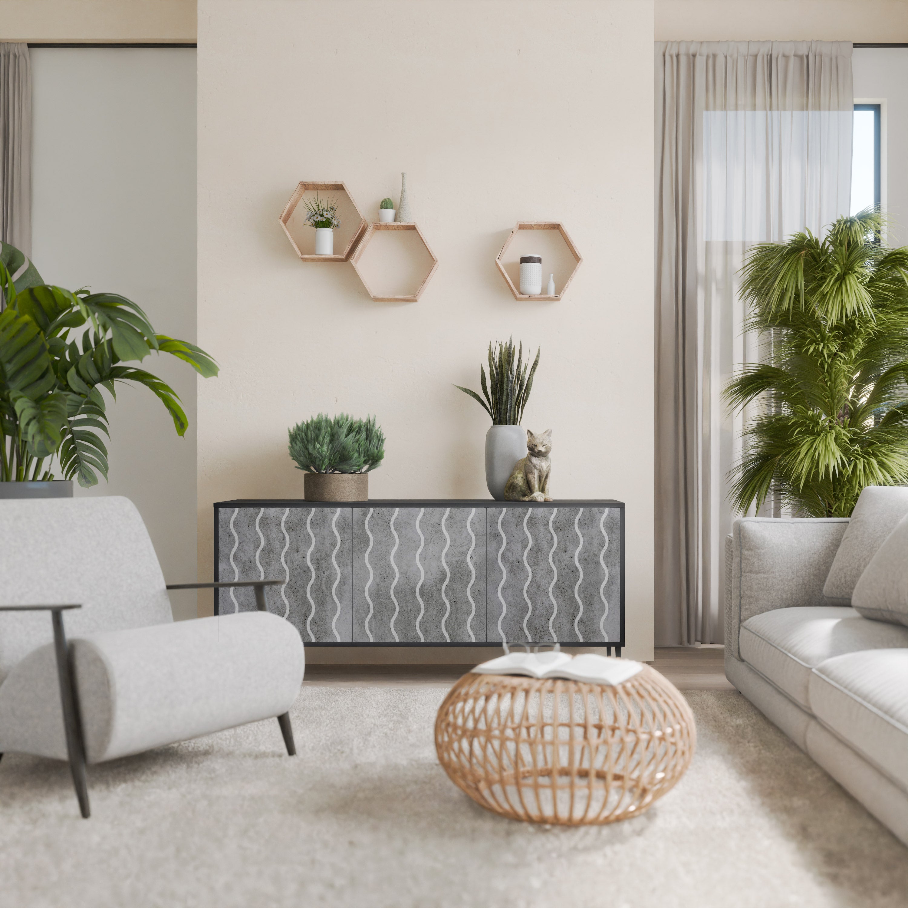 WAVES OF CONCRETE 3-Door Sideboard in Black Finish