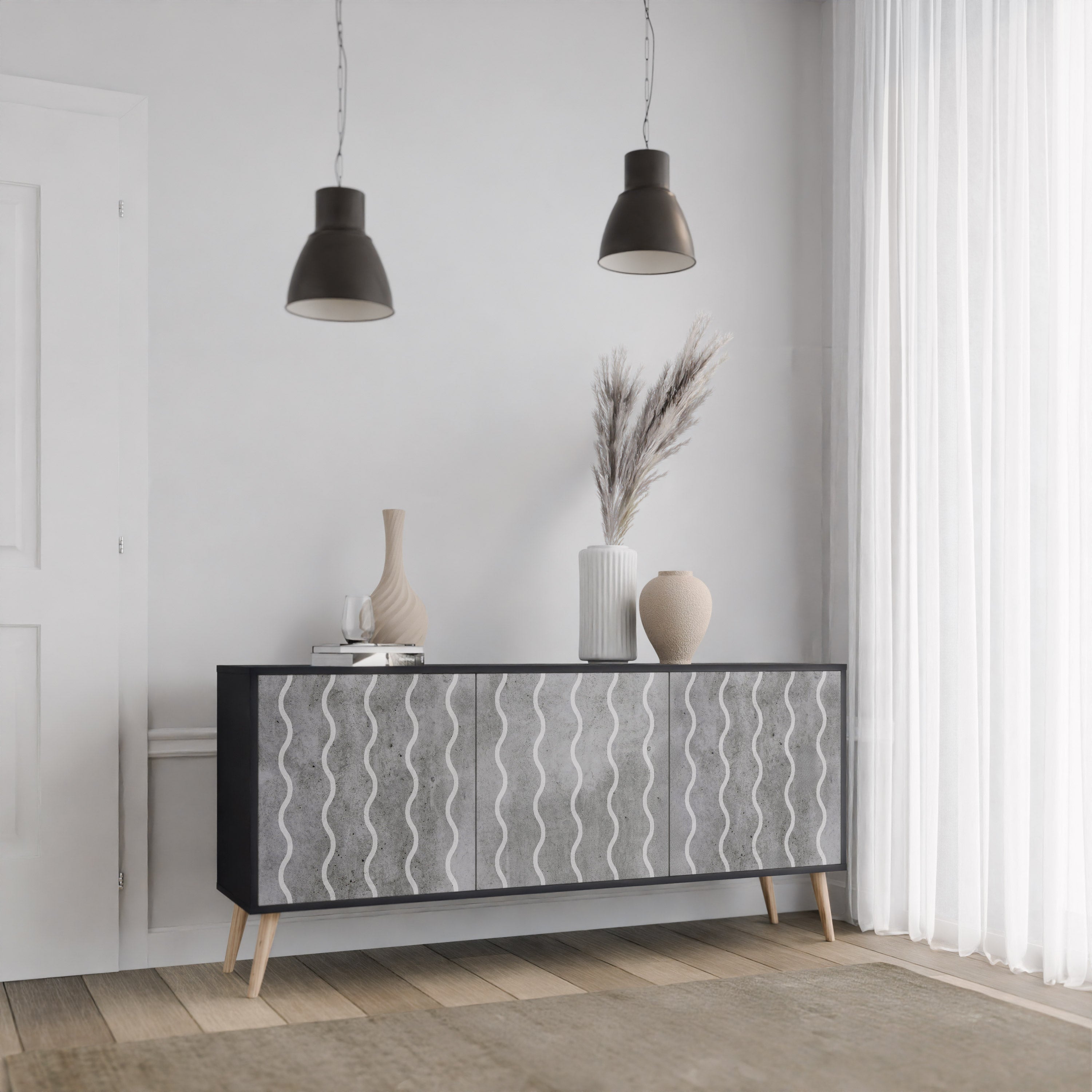 WAVES OF CONCRETE 3-Door Sideboard in Black Finish