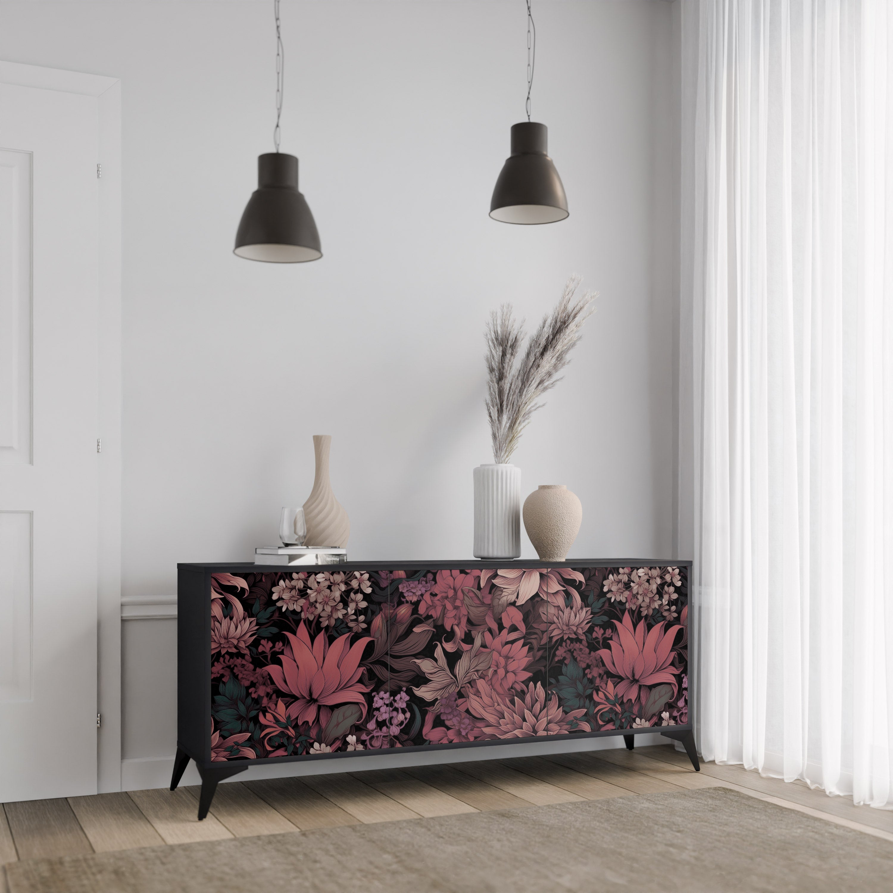 FLORAL WHISPER 3-Door Sideboard in Black Finish