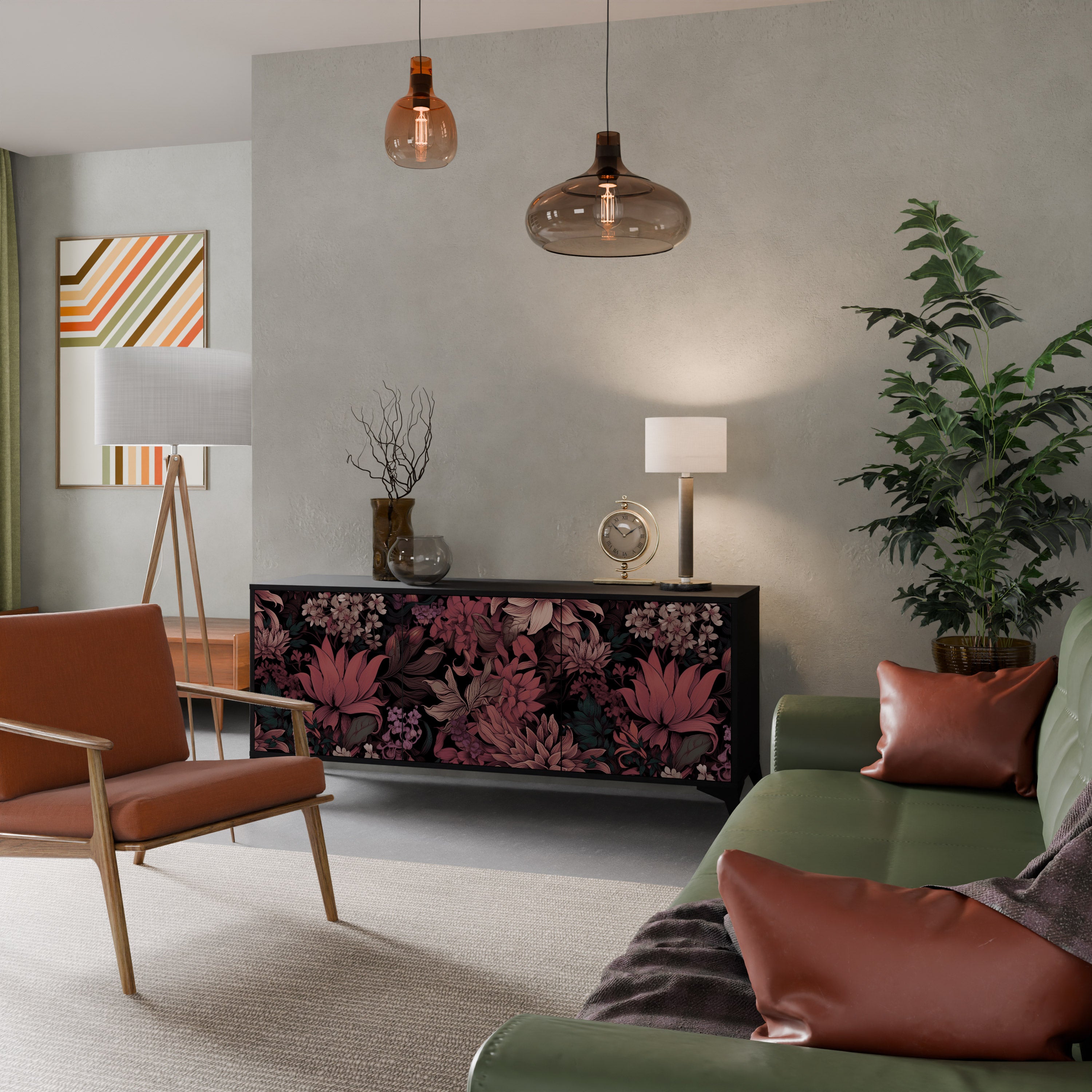 FLORAL WHISPER 3-Door Sideboard in Black Finish