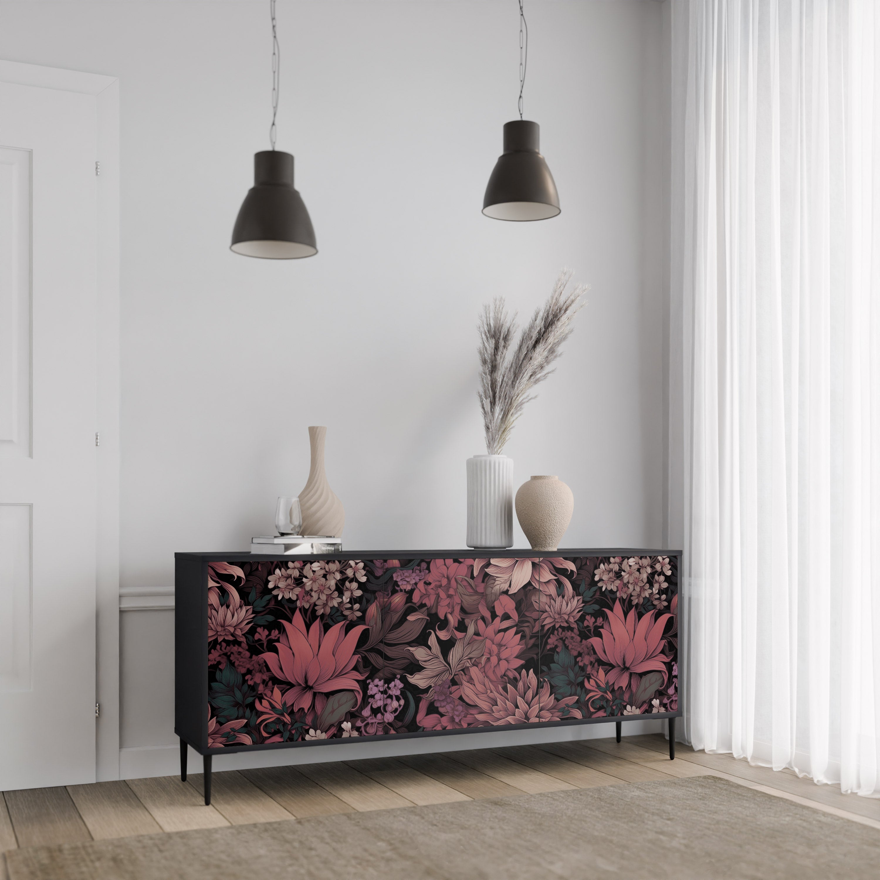 FLORAL WHISPER 3-Door Sideboard in Black Finish