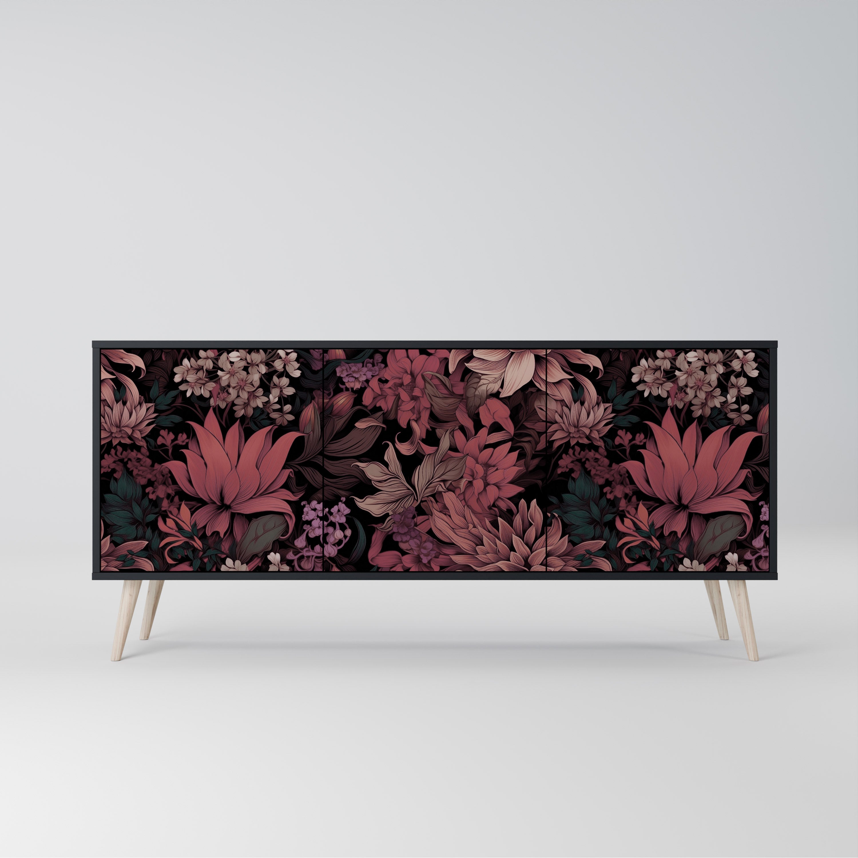 FLORAL WHISPER 3-Door Sideboard in Black Finish