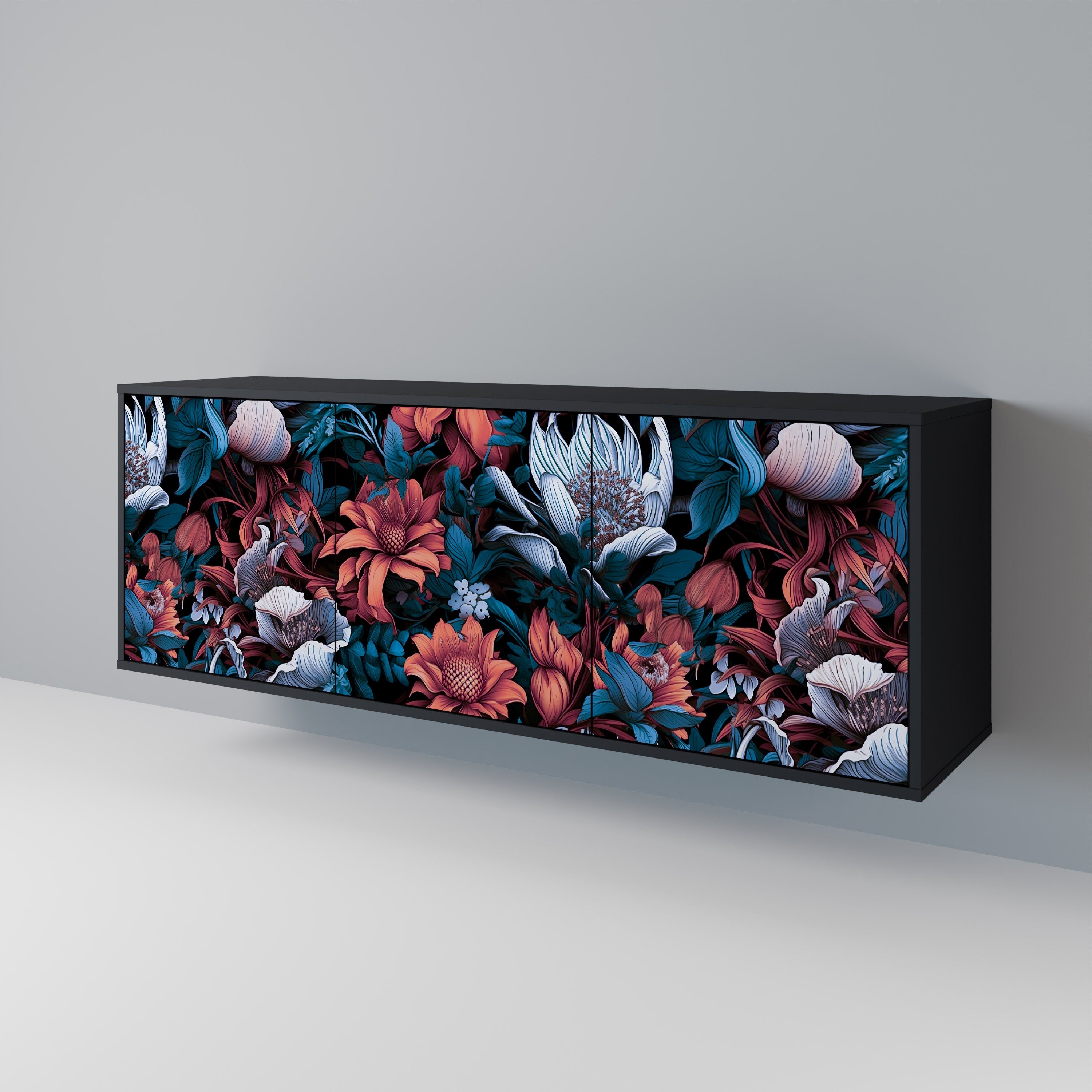 ETHEREAL BLOSSOMS 3-Door Sideboard in Black Finish