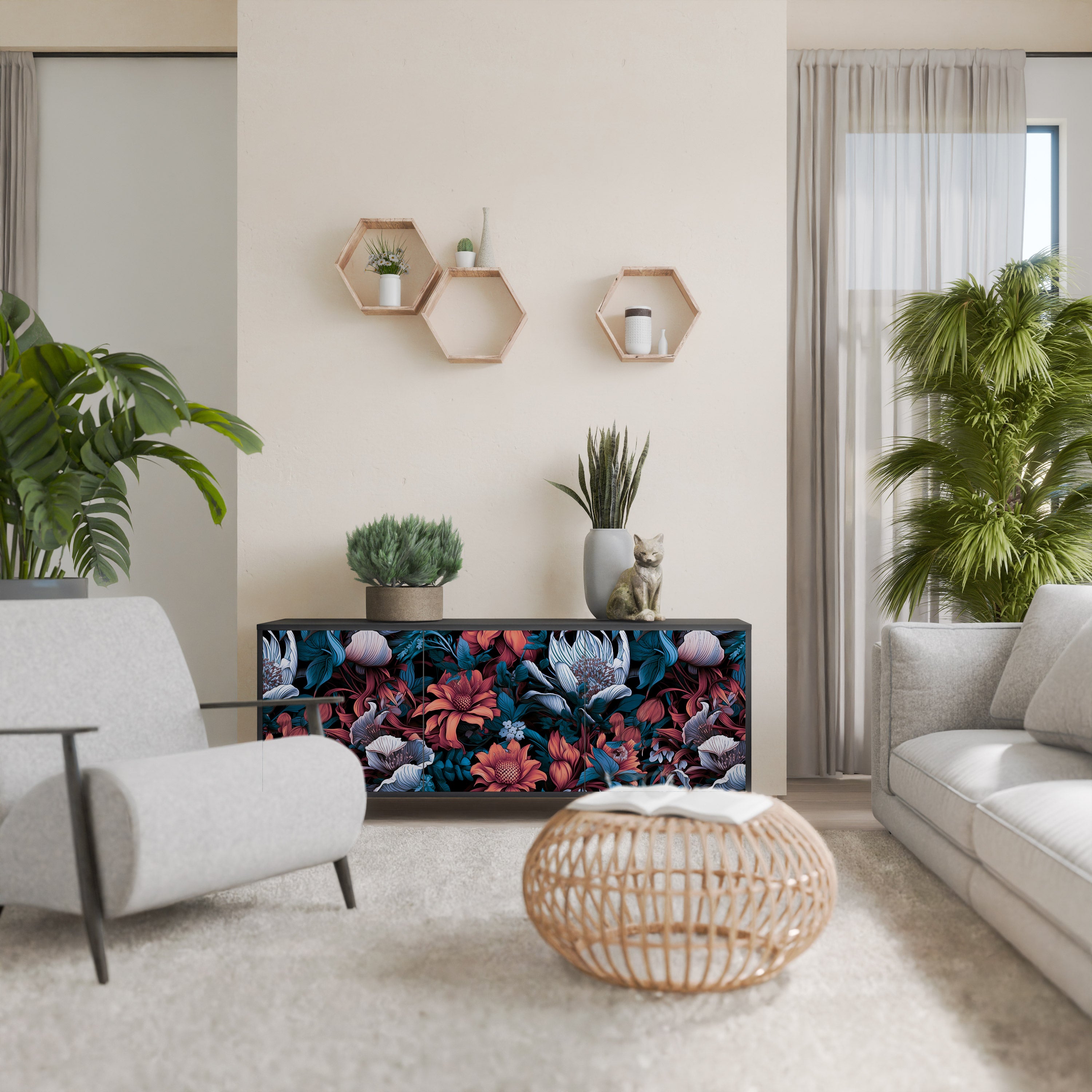 ETHEREAL BLOSSOMS 3-Door Sideboard in Black Finish