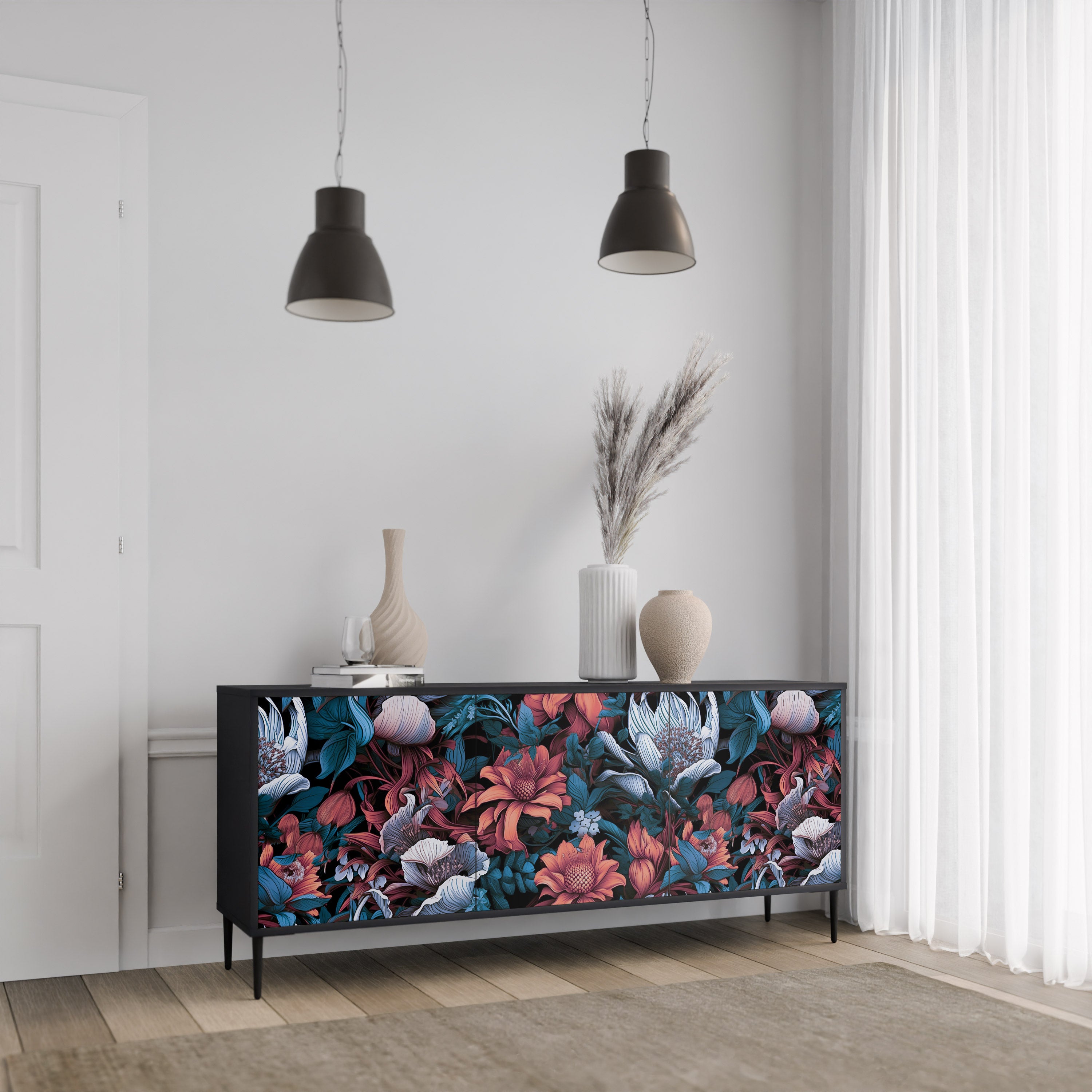 ETHEREAL BLOSSOMS 3-Door Sideboard in Black Finish