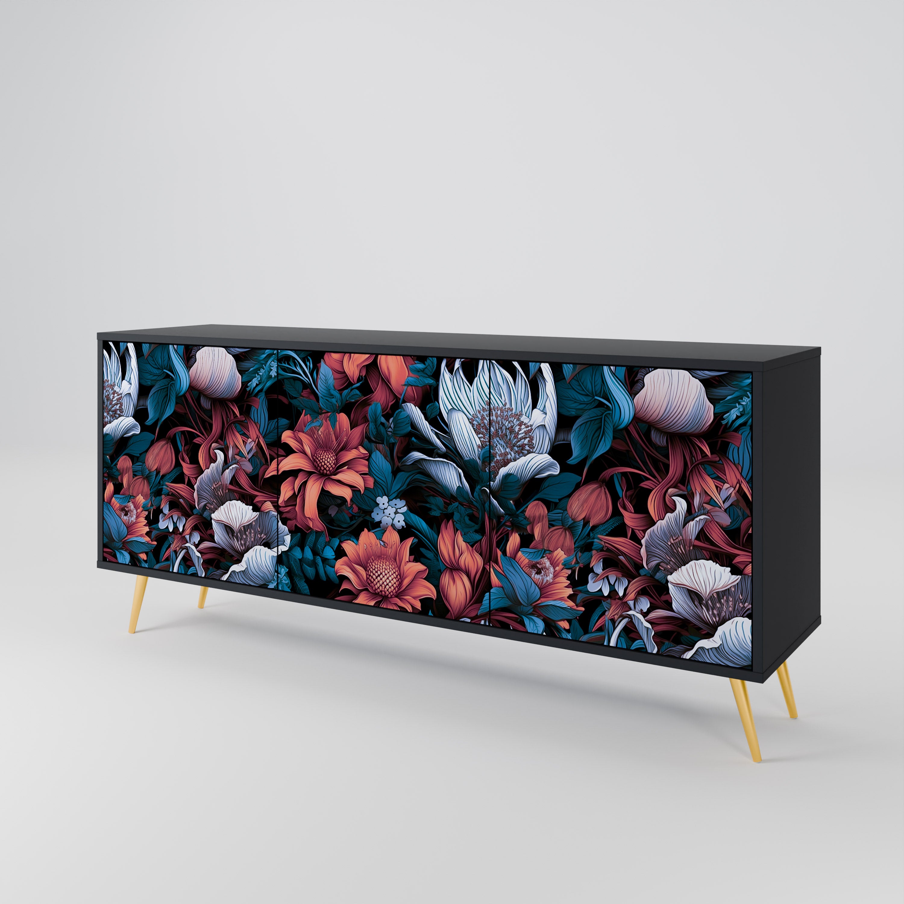 ETHEREAL BLOSSOMS 3-Door Sideboard in Black Finish