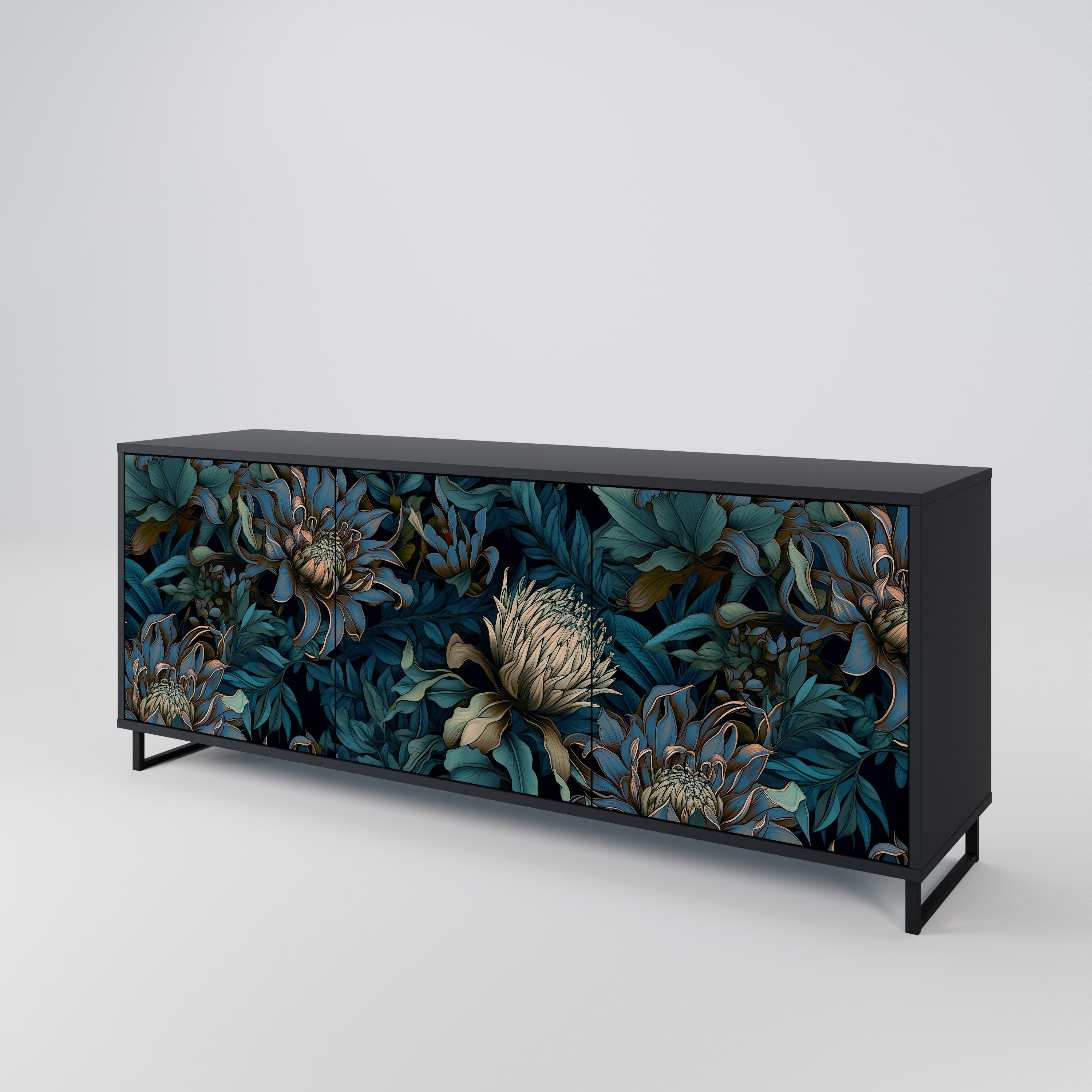 TWILIGHT BLOOM 3-Door Sideboard in Black Finish