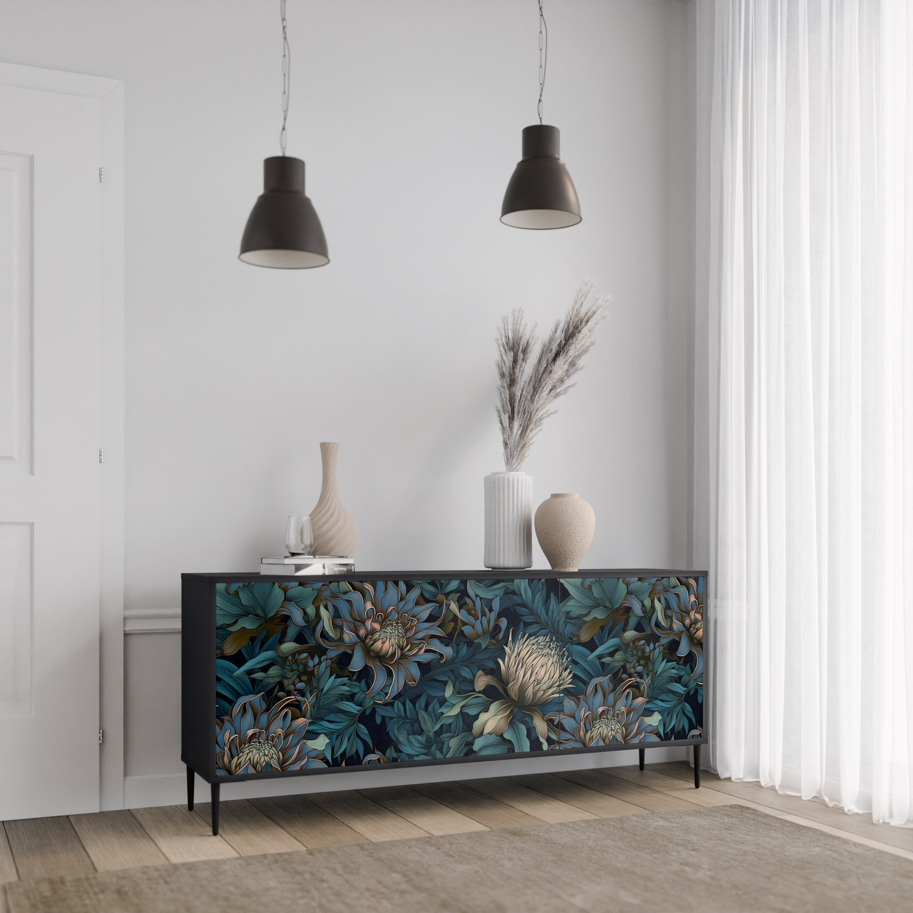 TWILIGHT BLOOM 3-Door Sideboard in Black Finish