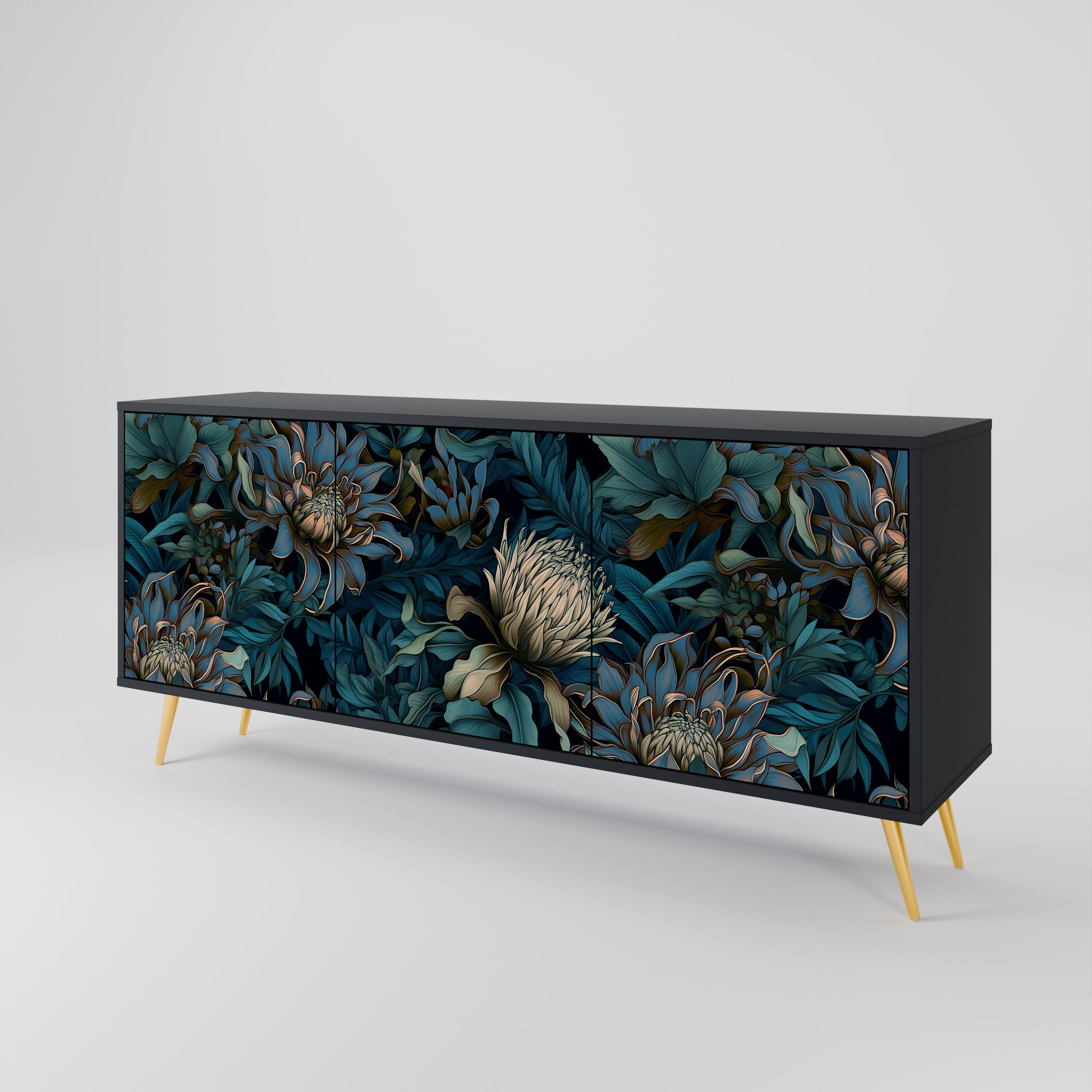 TWILIGHT BLOOM 3-Door Sideboard in Black Finish