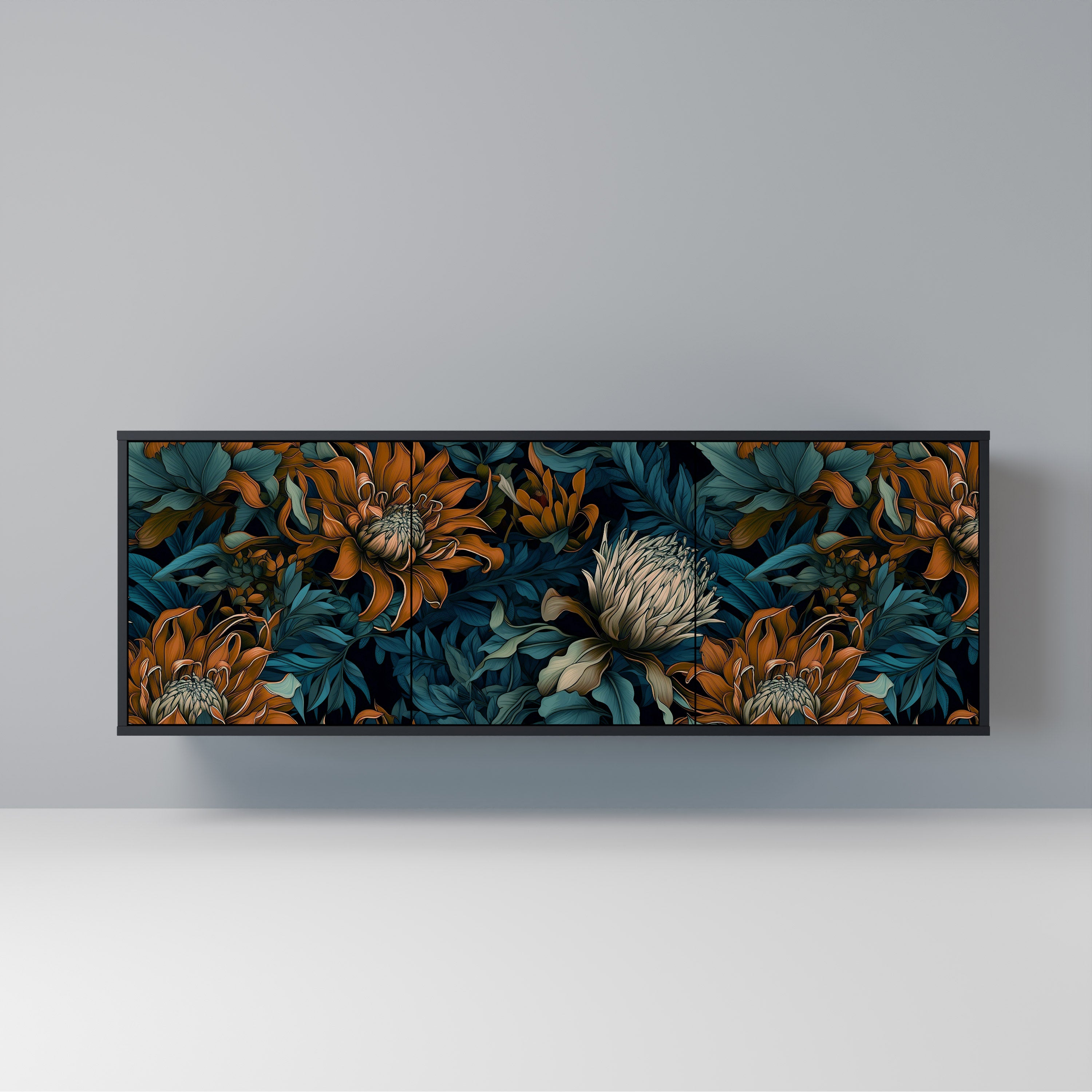 MORNING BLOOM 3-Door Sideboard in Black Finish