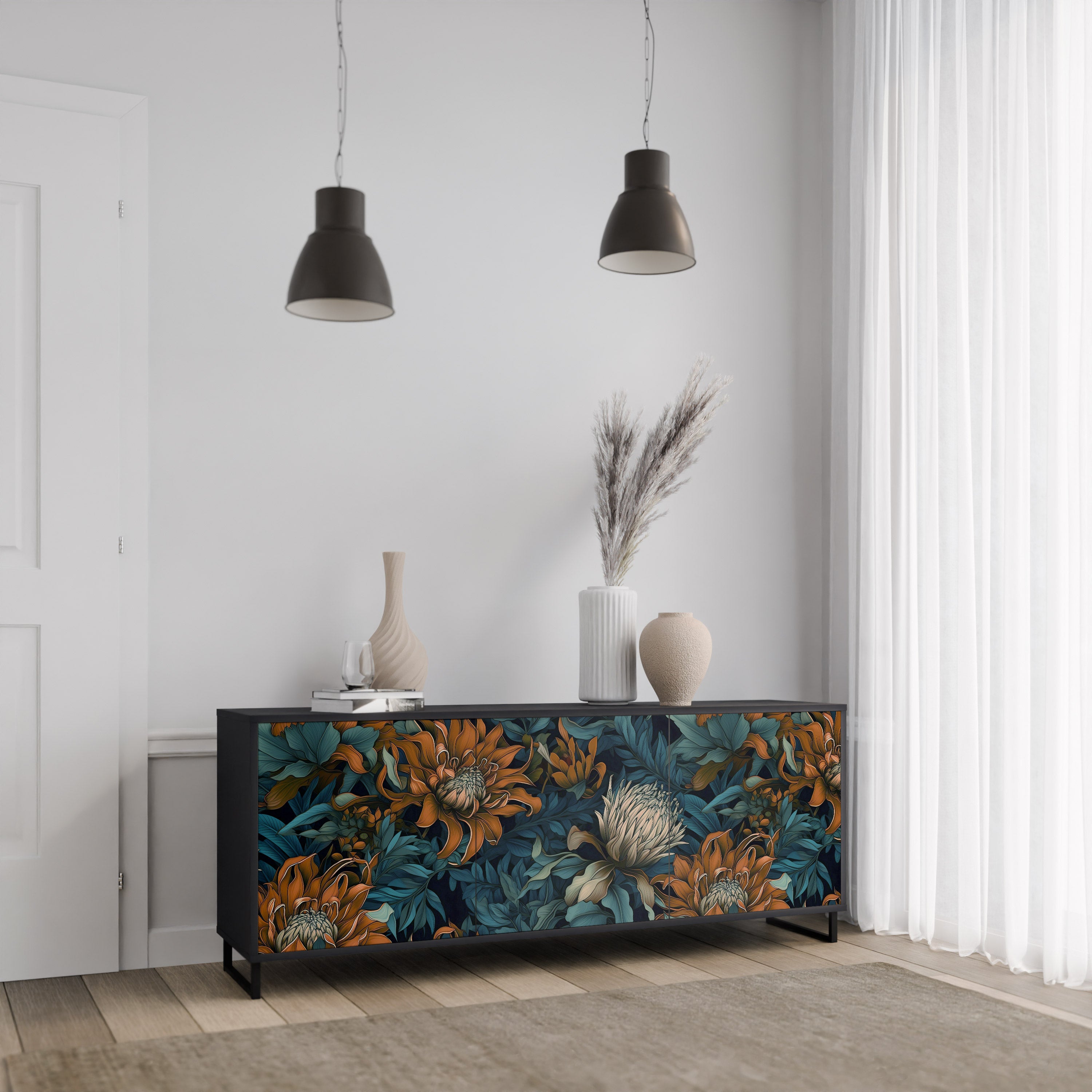 MORNING BLOOM 3-Door Sideboard in Black Finish