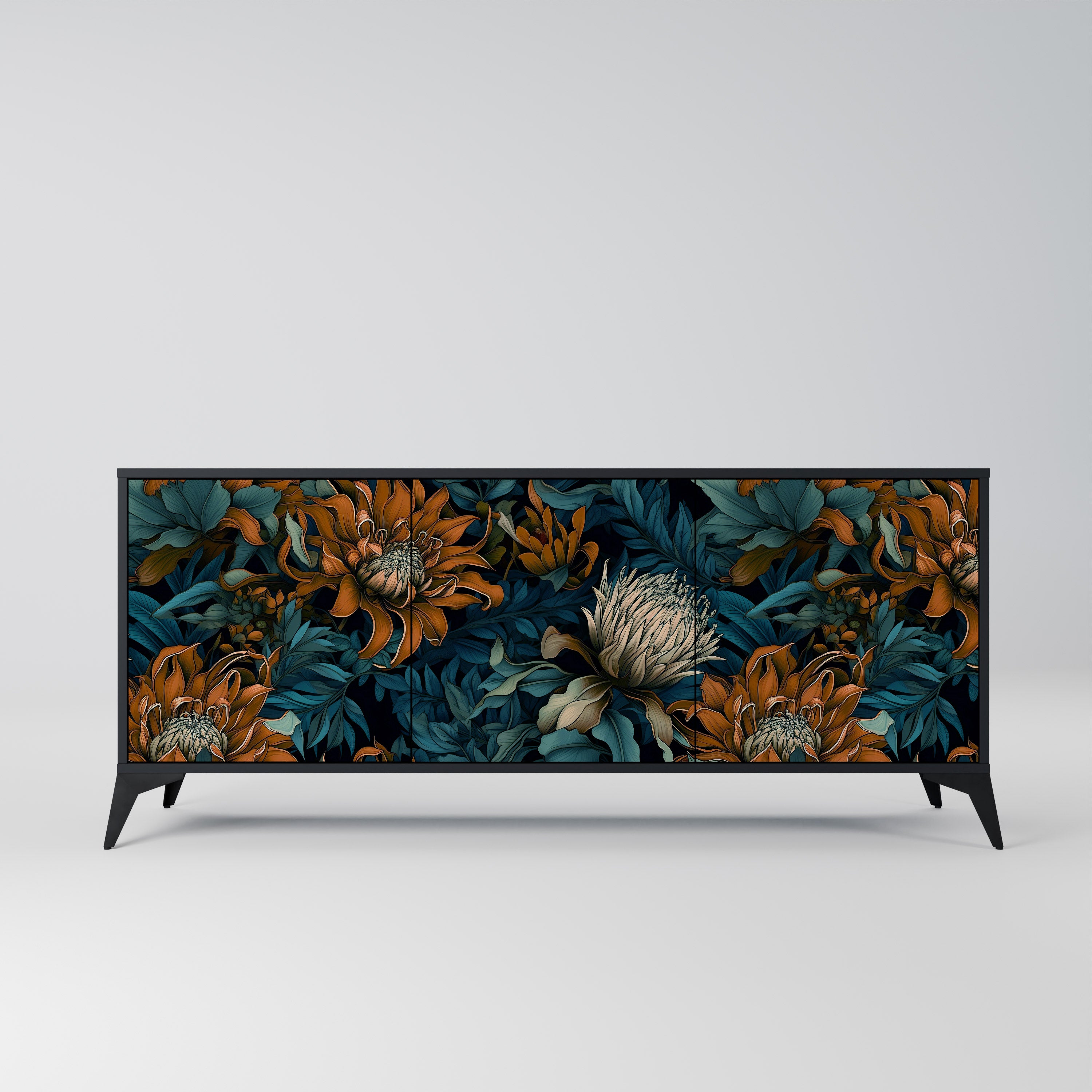 MORNING BLOOM 3-Door Sideboard in Black Finish
