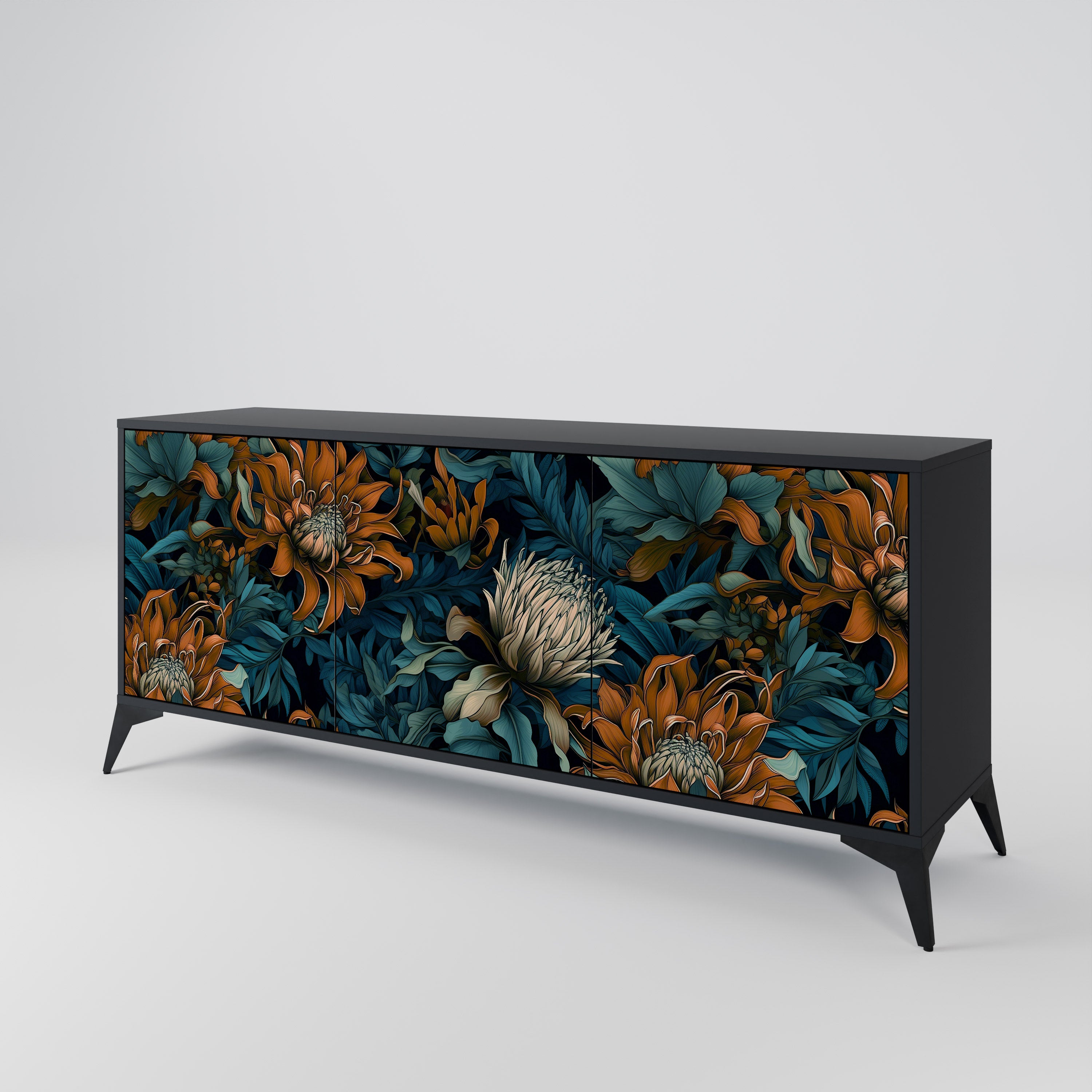 MORNING BLOOM 3-Door Sideboard in Black Finish