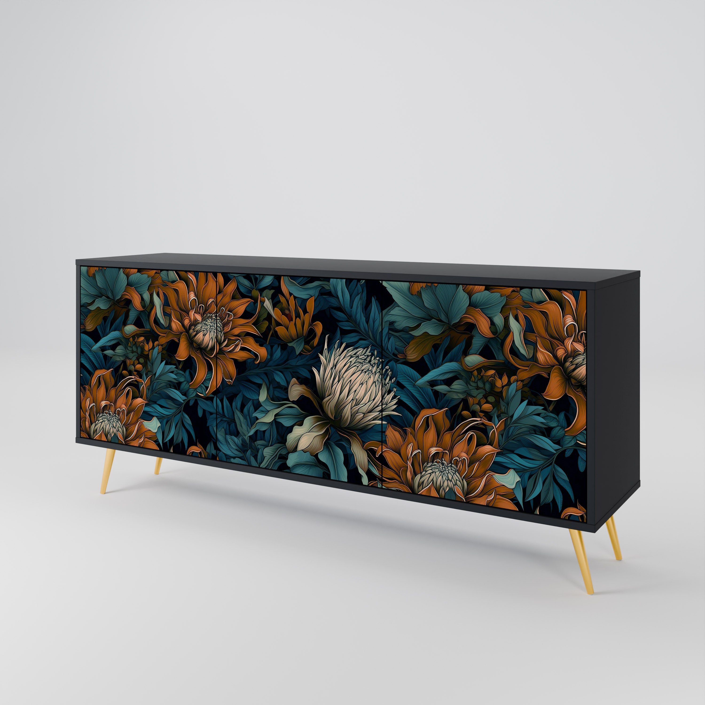 MORNING BLOOM 3-Door Sideboard in Black Finish
