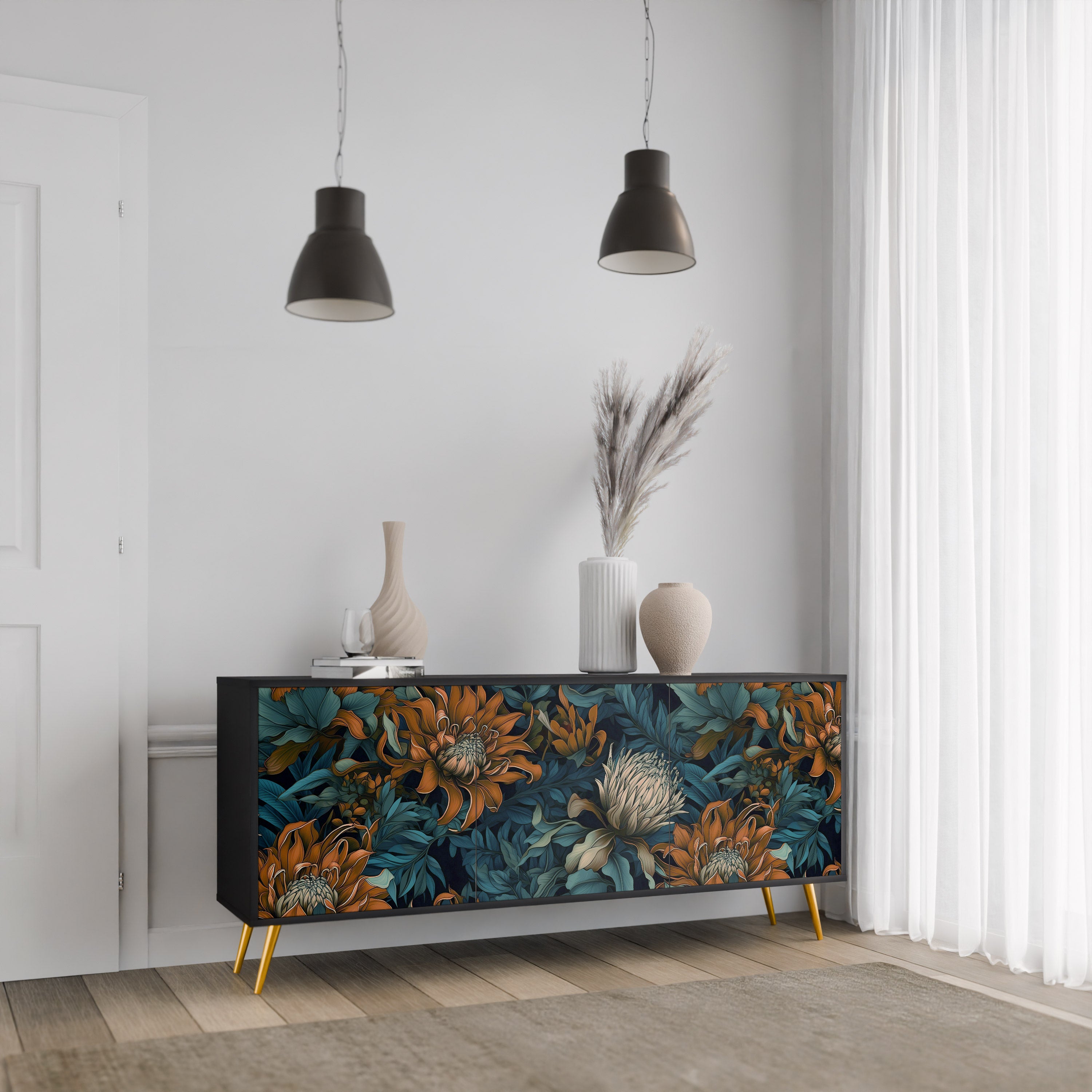 MORNING BLOOM 3-Door Sideboard in Black Finish