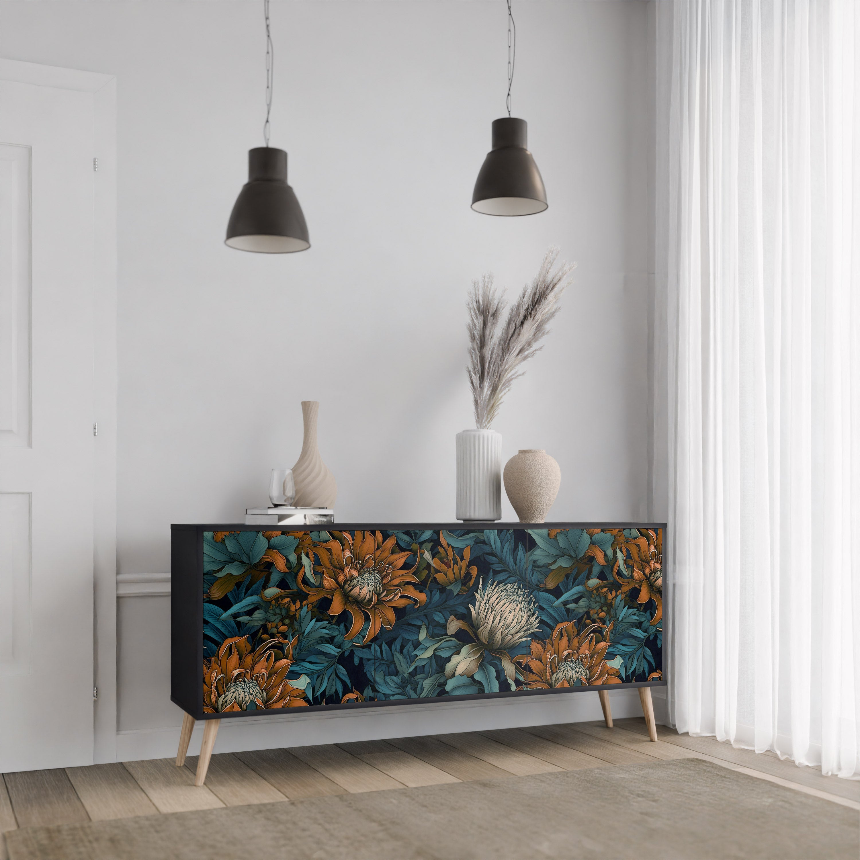 MORNING BLOOM 3-Door Sideboard in Black Finish