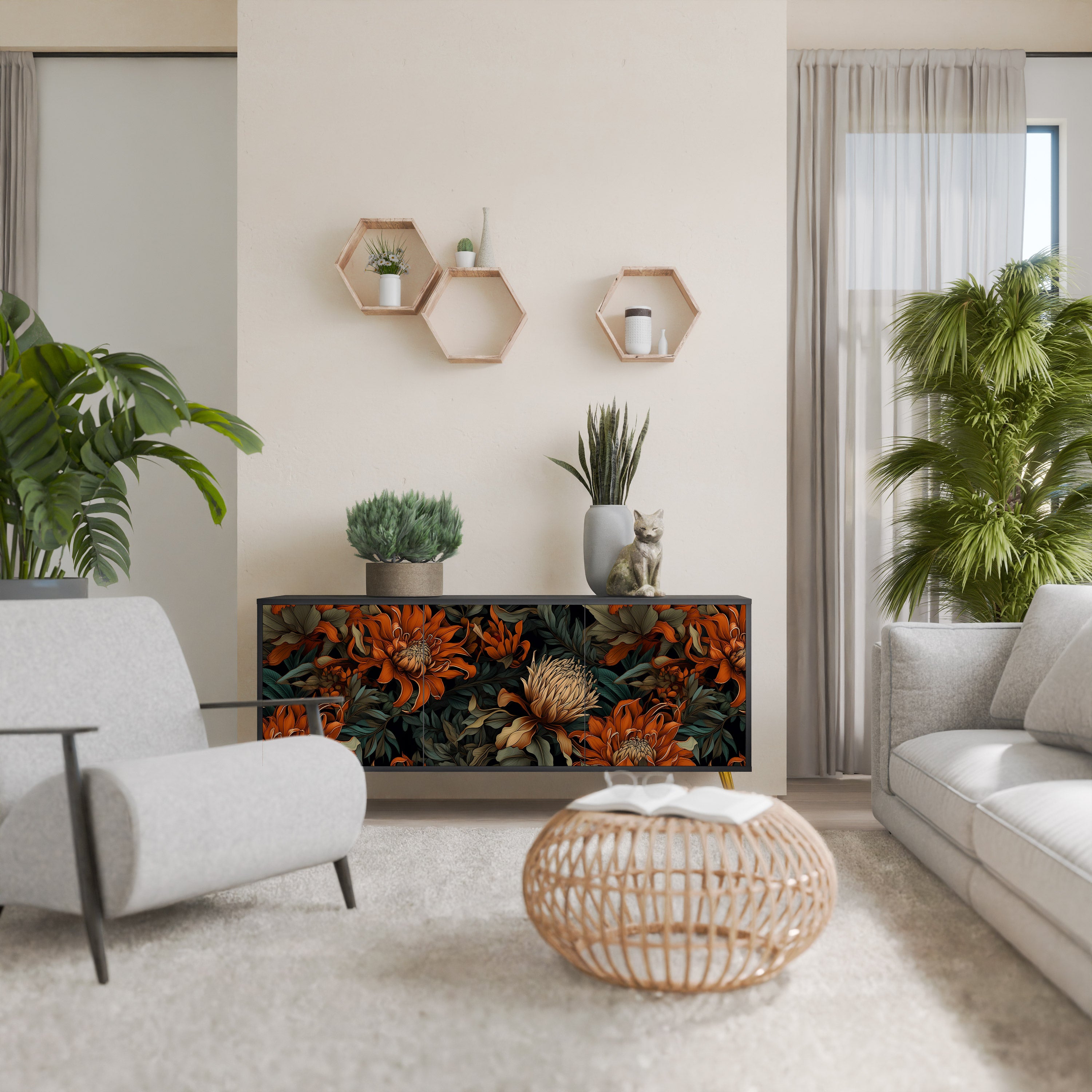 DAWN BLOOM 3-Door Sideboard in Black Finish