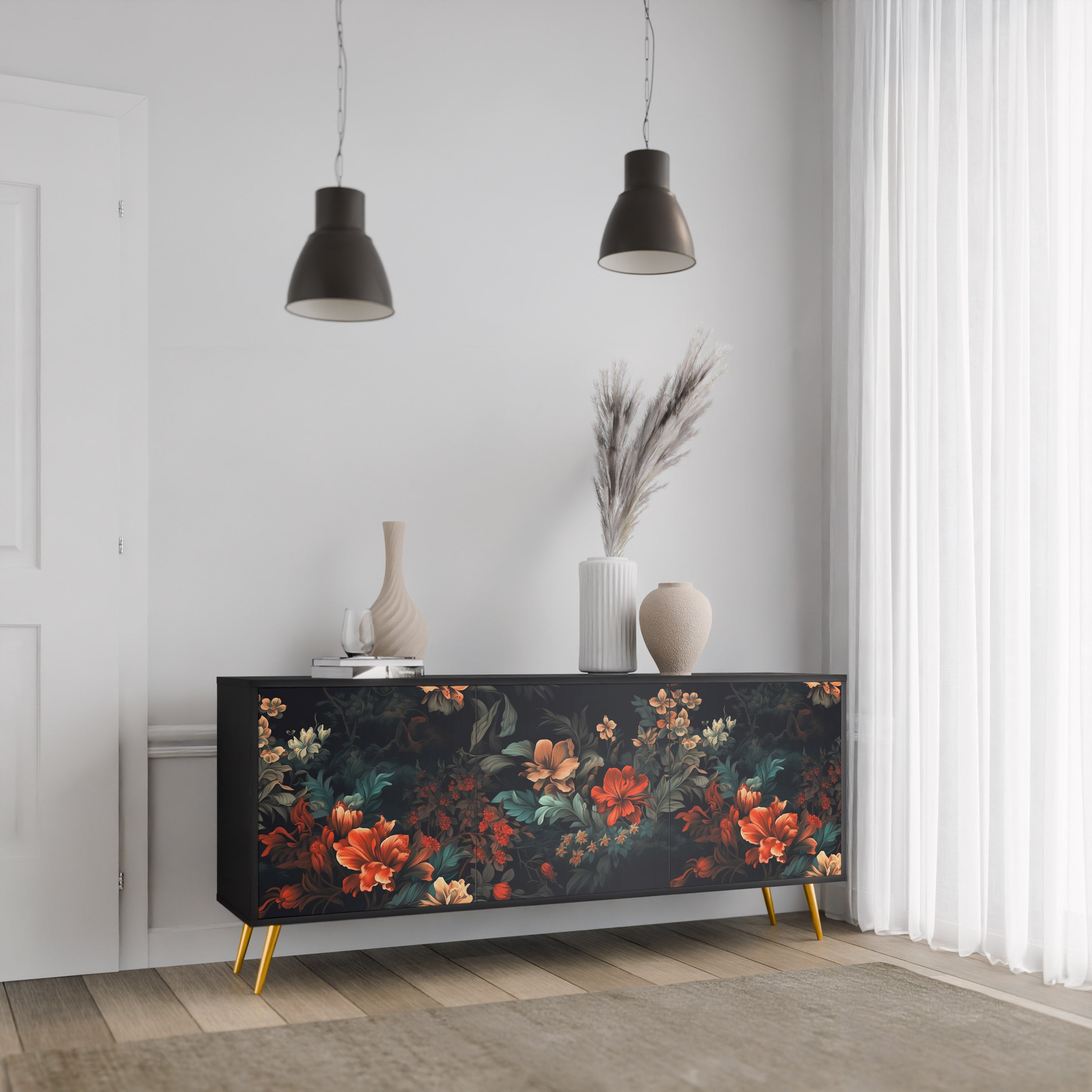 IMAGINARY BLOSSOM 3-Door Sideboard in Black Finish