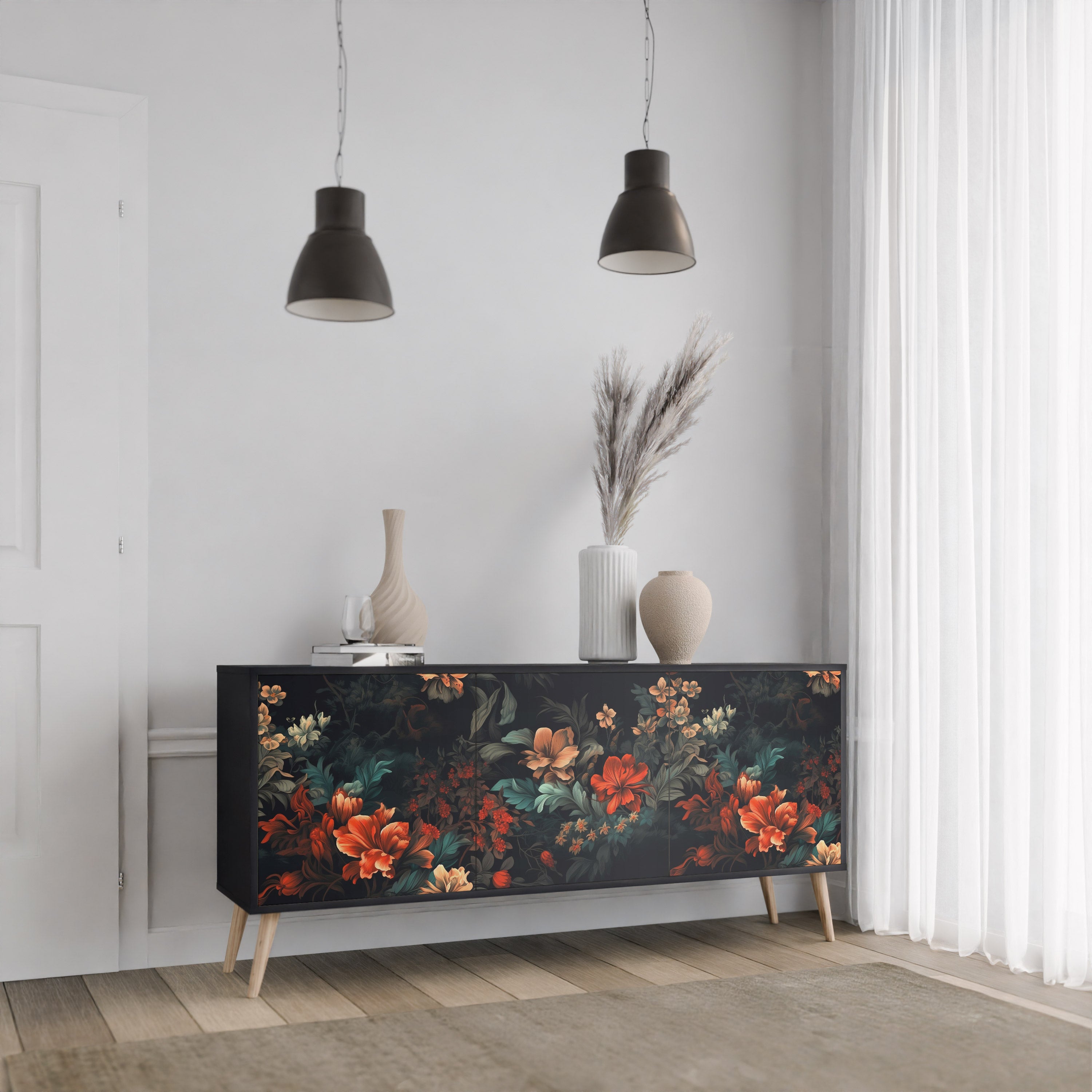IMAGINARY BLOSSOM 3-Door Sideboard in Black Finish