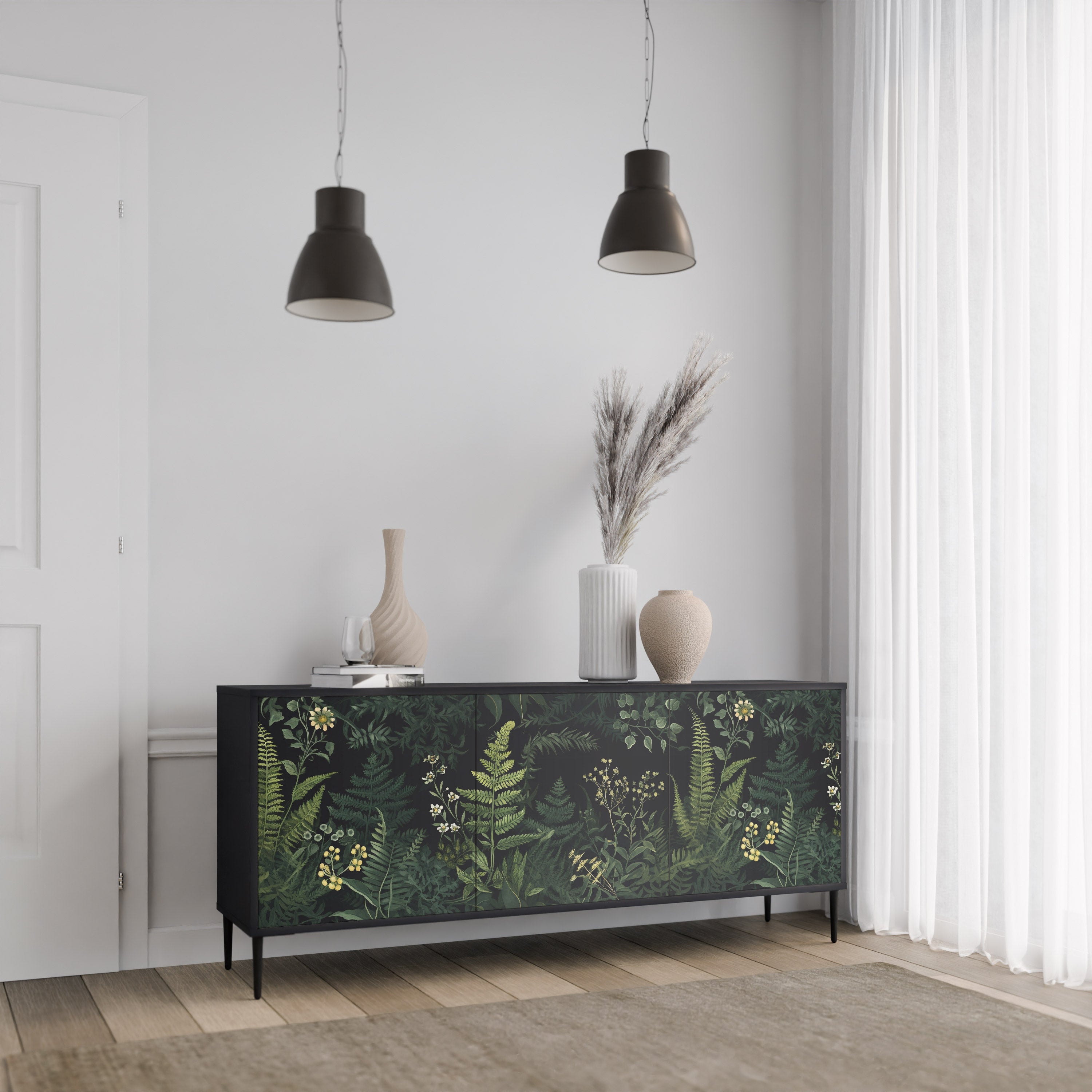 FERN FLOWERS 3-Door Sideboard in Black Finish
