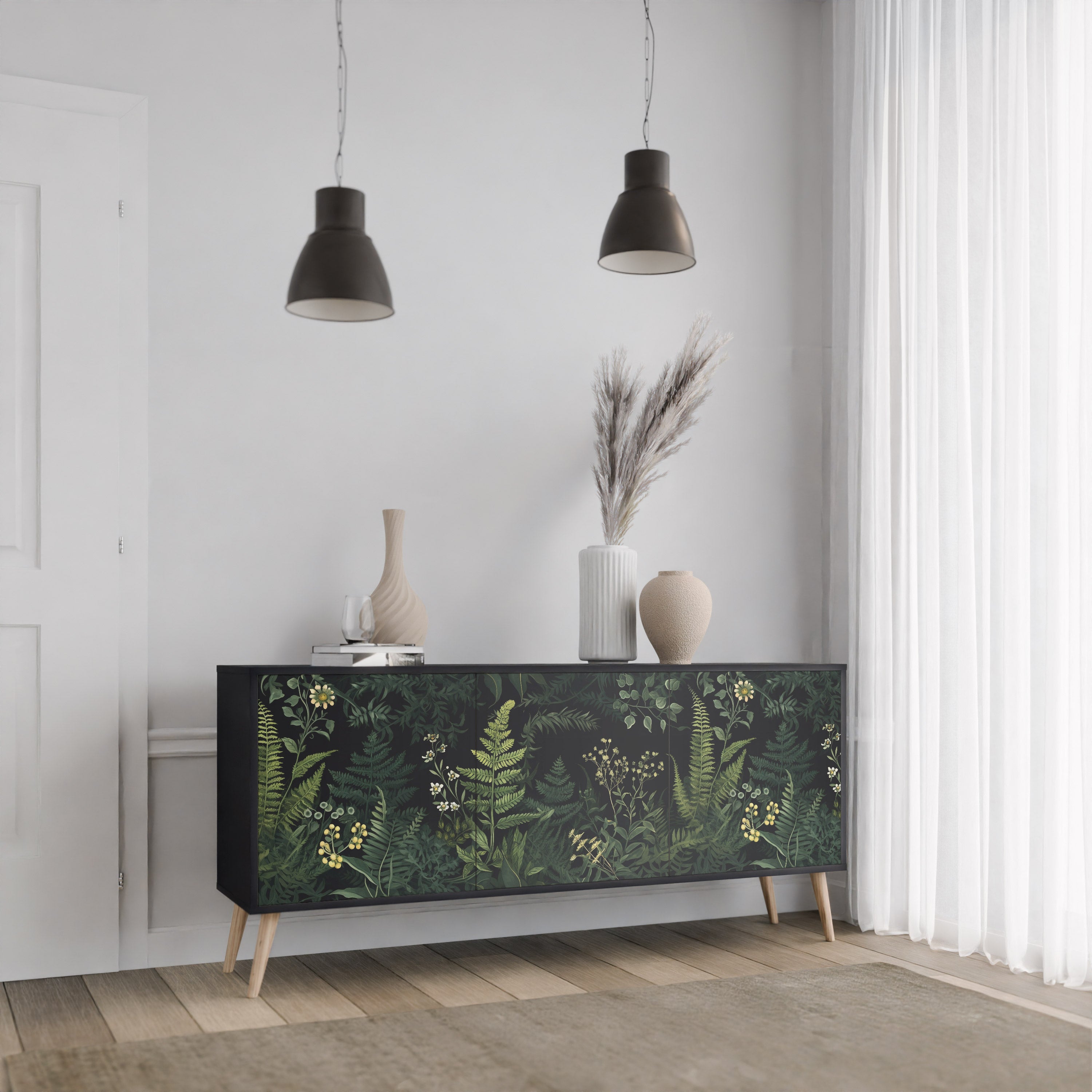 FERN FLOWERS 3-Door Sideboard in Black Finish