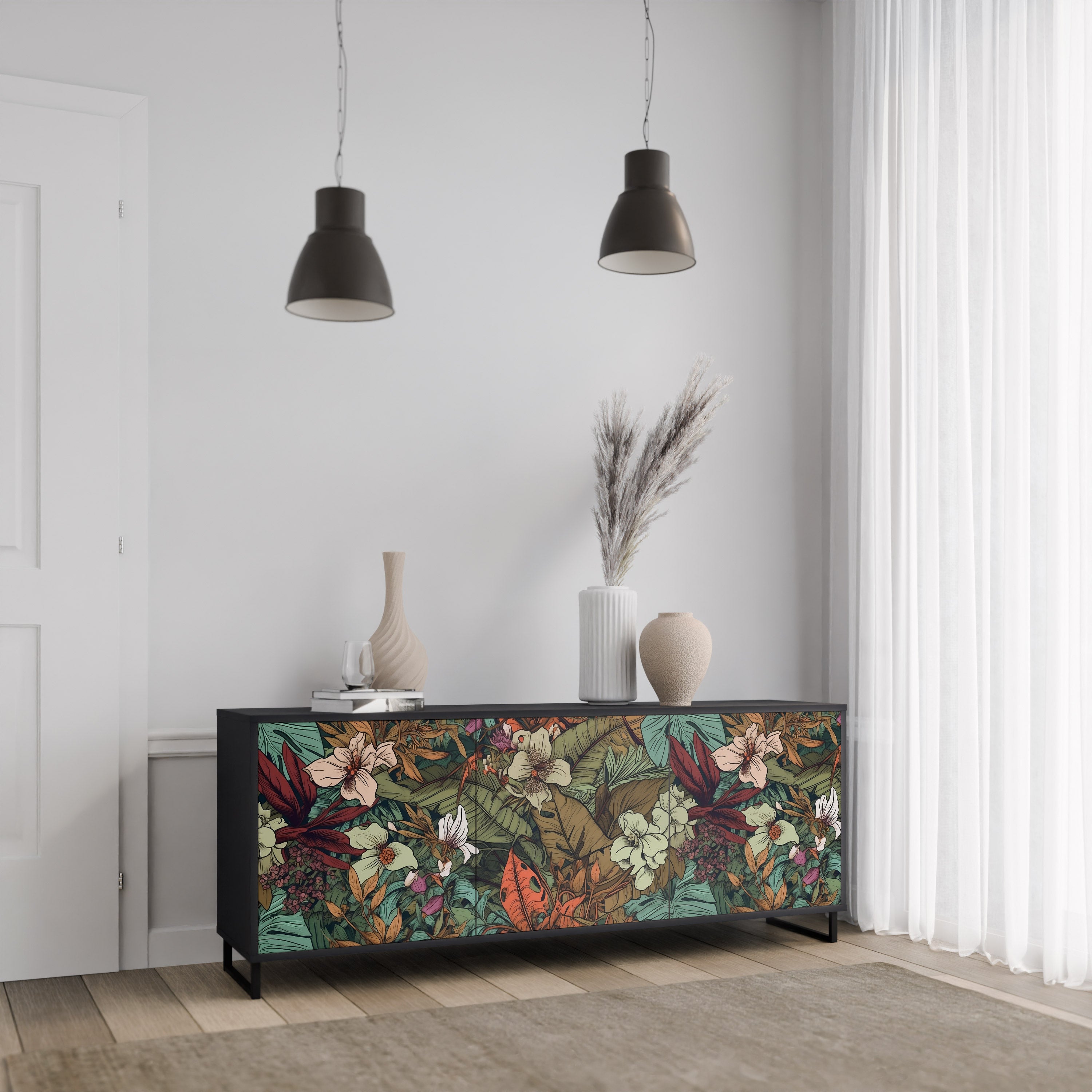 BOTANICAL EMERGENCE 3-Door Sideboard in Black Finish