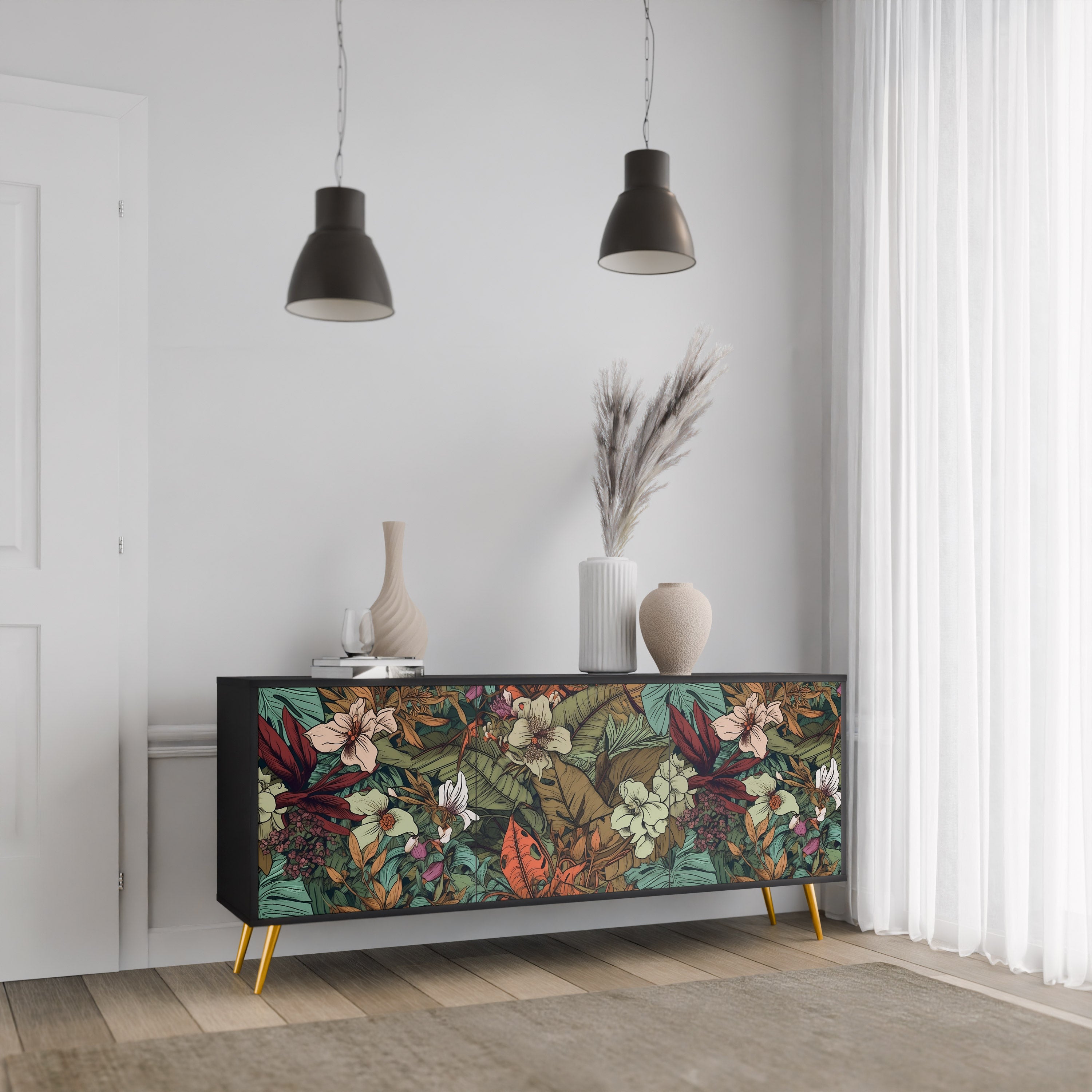 BOTANICAL EMERGENCE 3-Door Sideboard in Black Finish
