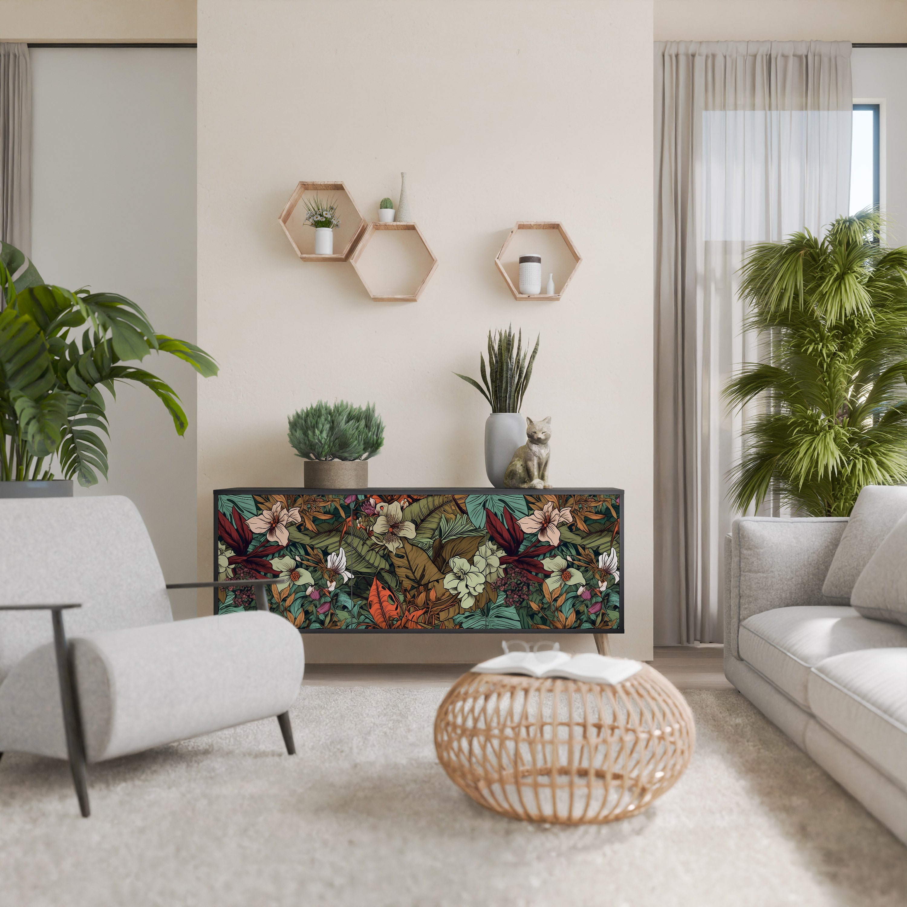 BOTANICAL EMERGENCE 3-Door Sideboard in Black Finish